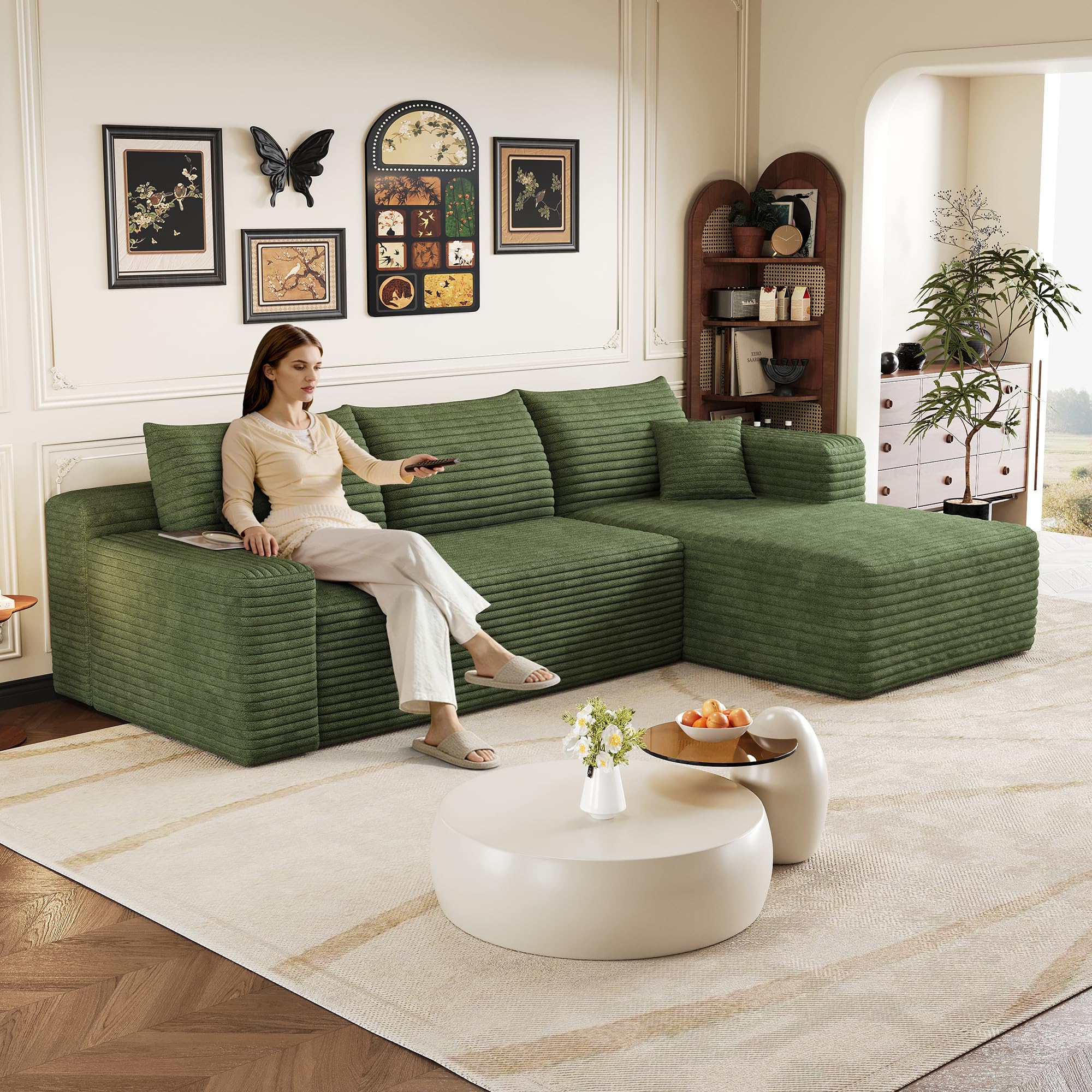 Canapé d'angle Modulaire en L De 241 Cm, Canapé Lit 3 Places, Canapé Bas en Velours CôTelé avec Pouf, Autoportant, sans Montage, pour Salon Et Chambre (Vert, Rechte Chaiselongue)