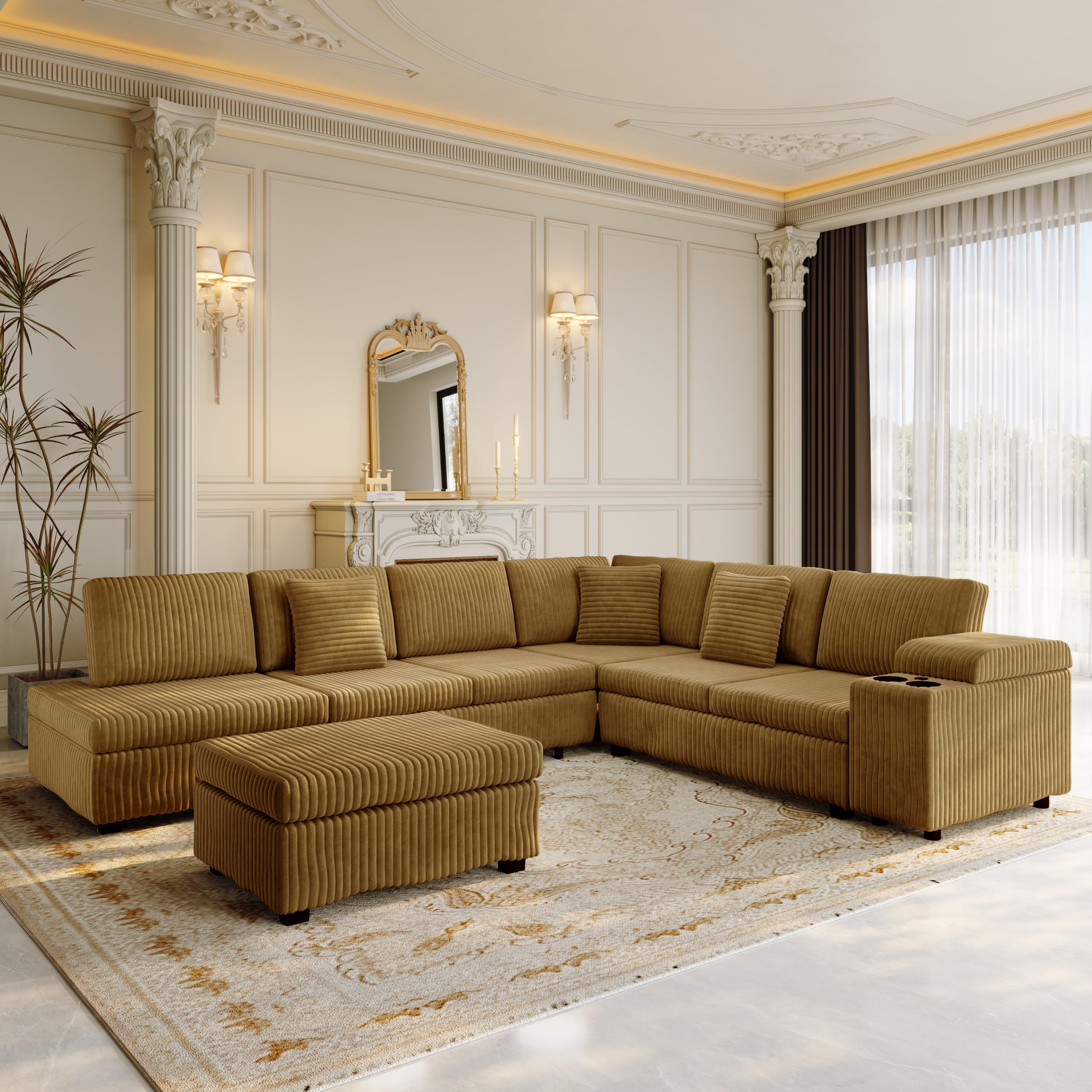 View 1 of ***STOCK PHOTO FOR REFERENCE ONLY*** COUCH IS BLUE **** ALSO IS MISSING ALL OTHER BOXES PARTIAL SET**
KEIKI 110" L-Shaped Oversized Plush Corduroy Modular Sectional Sofa with Pull-Out Bed, Convertible 6-Seater Sleeper Couch Bed with 1 Ottomans & USB & Cup
