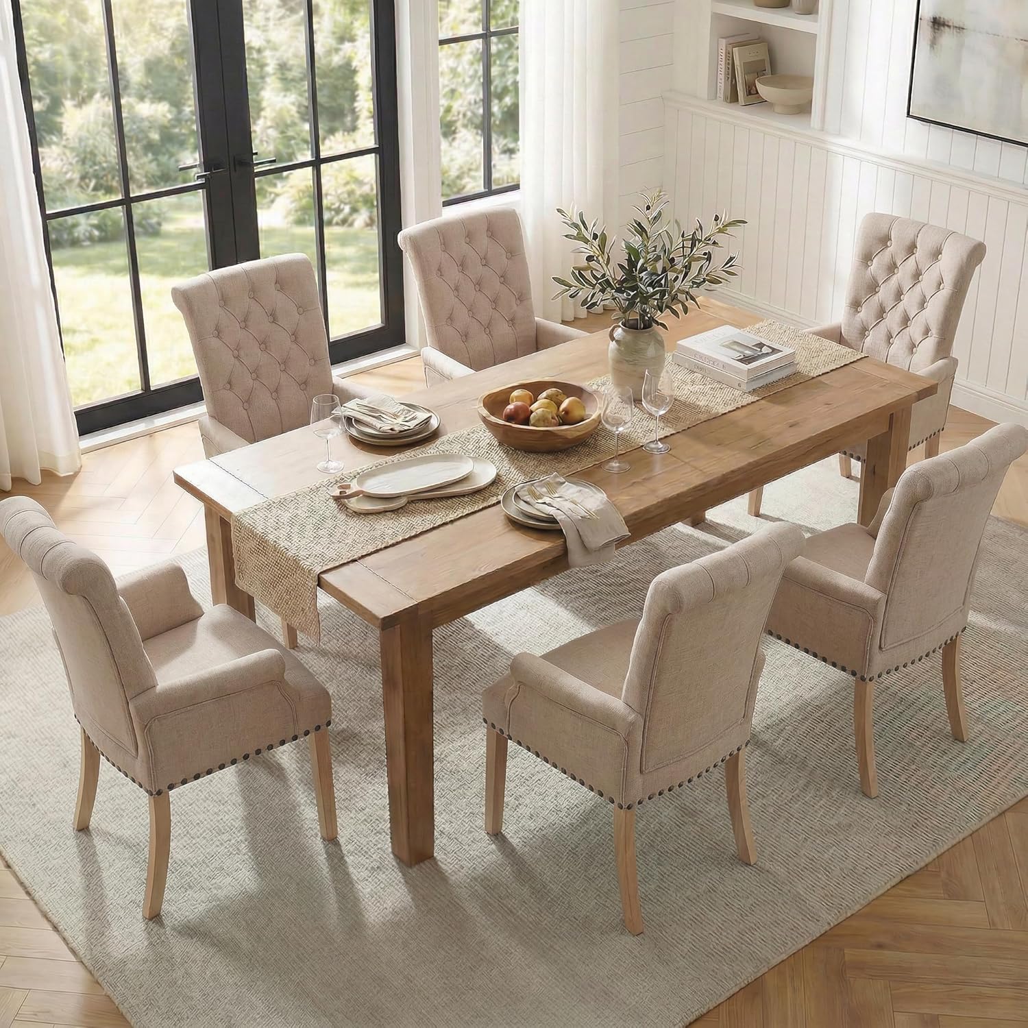 Modern Upholstered Fabric Dining Chairs Set of 2, Accent Chairs with Arms, Tufted High Back and Nailhead Trim Solid Wood Legs for Kitchen Dining & Living Room, Ivory Brown