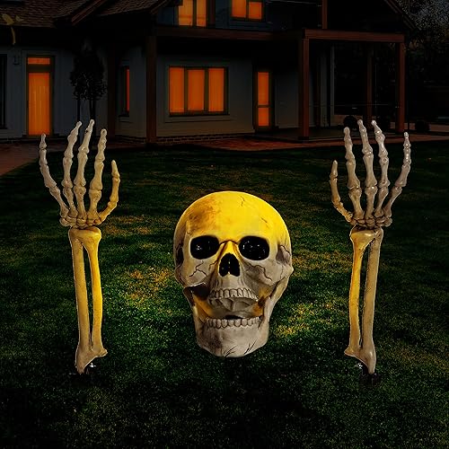 Miniatura 7 de JOYIN Decoración de Halloween al aire libre de tamaño real con luces de esqueleto, estaca de patio con calavera iluminada para Halloween, jardín,