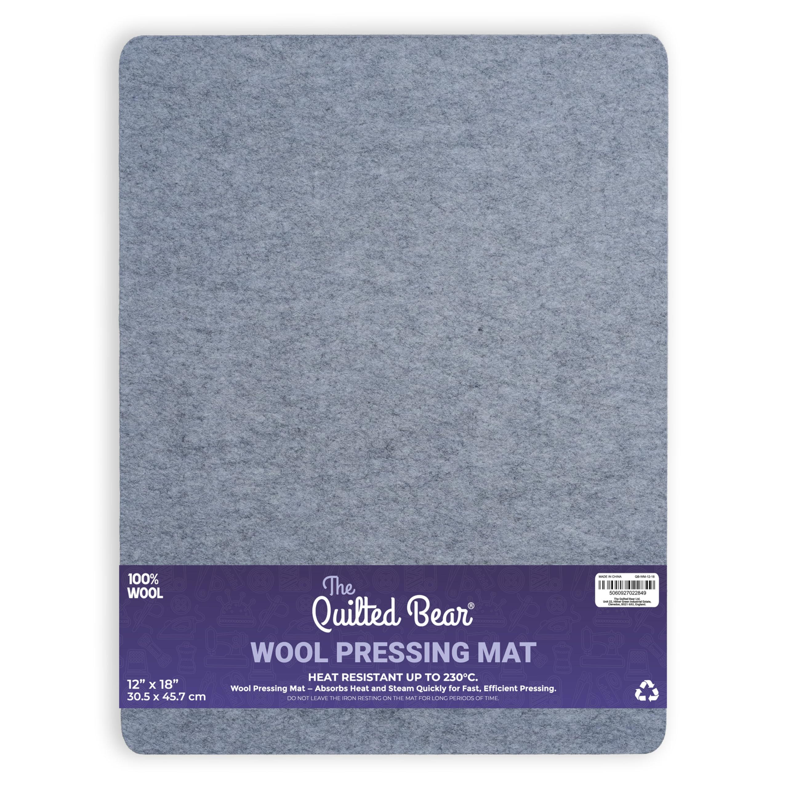 The Quilted Bear 12" x 18" Wool Pressing Mat - Thick Felted Wool Ironing Mat for Quilting, Portable Ironing Pad for Sewing, Patchwork, Appliqué, Crafting and Table Pressing