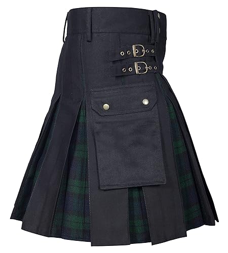 Men's Hybrid Utility Kilt - Durable Cotton Jeans Fabric Kilt for Men with Cargo Style Pockets Traditional Modern Kilt - 36 - Black Watch