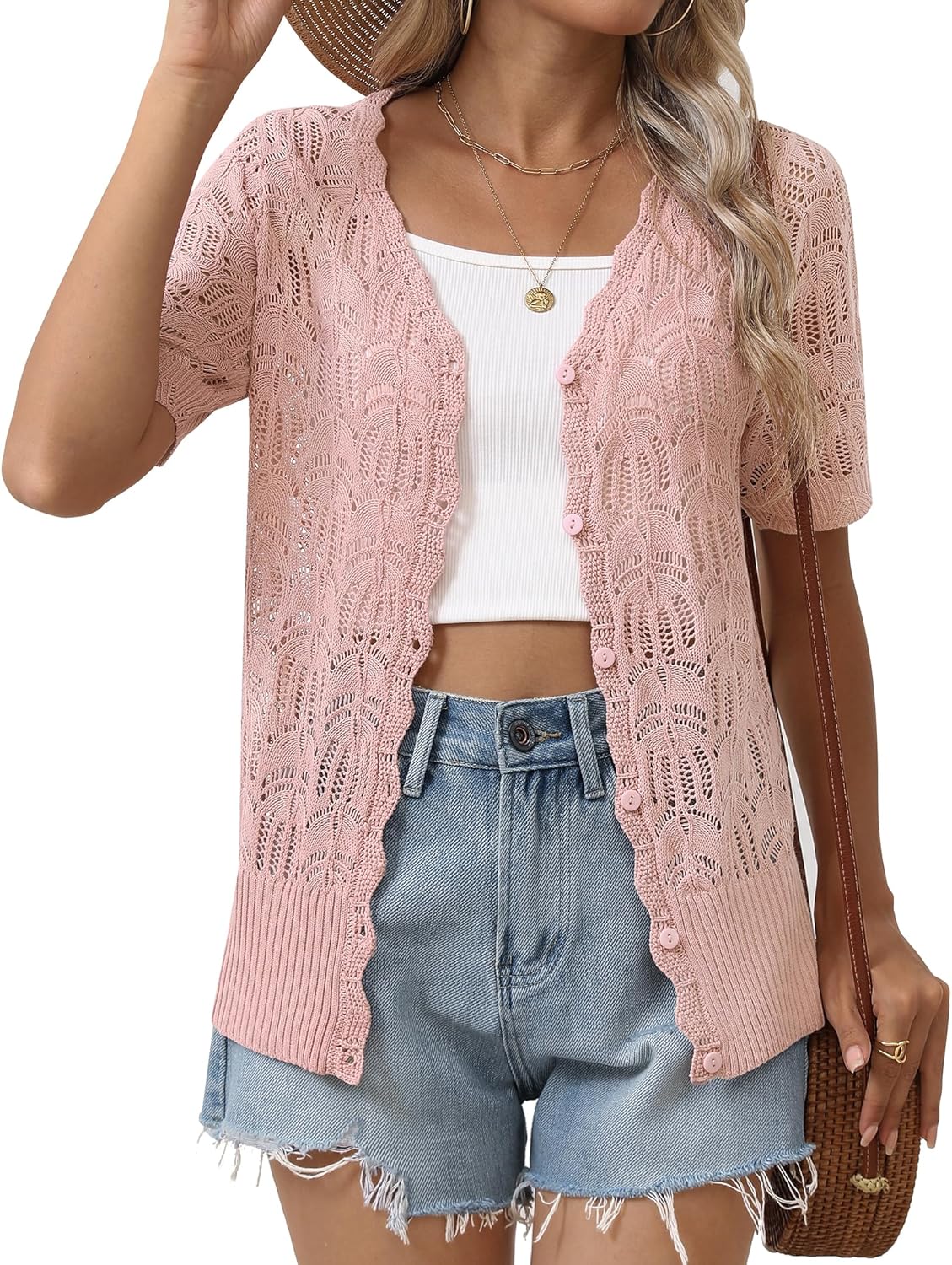 Zeagoo Women's Short Sleeve Summer Cardigan V-Neck Button up Lightweight Hollow Out Sweater Cardigans Shrug