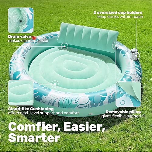 Miniatura 4 de SLOOSH Flotador inflable para piscina de bronceado, flotadores de piscina de 72 x 56 pulgadas para adultos con almohada, flotador redondo 4 en 1,