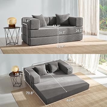 Compression Sofa - 62''Convertible Floor Sofa Bed - with Pillow Back Support Armrest - Comfy Foldable Sofa Bed Compressed Sofa in Box - Corduroy Fabric - for Living Room Bedroom - Silver