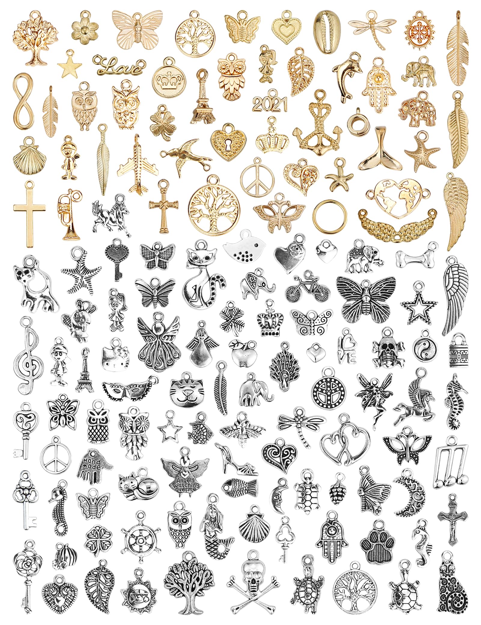 JIALEEY 150 PCS Wholesale Bulk Lots Jewelry Making Charms Mixed Antique Silver KC Gold Alloy Charms Pendants DIY for Necklace Bracelet Jewelry Making and Crafting