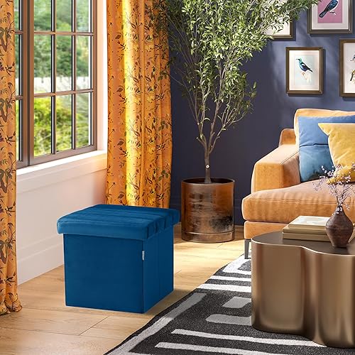 Miniatura 2 de Seville Classics Reposapiés otomano de tela acolchada, asiento acolchado para dormitorio, dormitorio, loft, sala de estar, entrada, pasillo, Azul