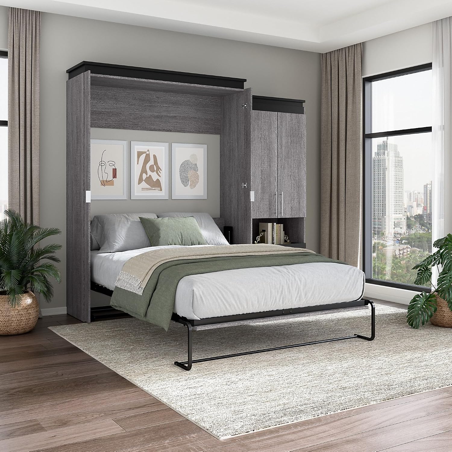 Bestar Orion Queen Murphy Bed with Storage Cabinet and Pull-Out Shelf (97W) in Bark Grey and Graphite, Sleeping Arrangement with Shelves