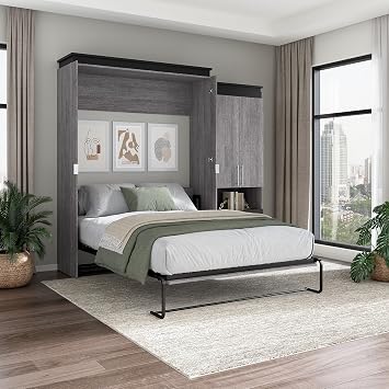 Bestar Queen Murphy Bed with Storage Cabinet, Bark Grey, Orion, 97W