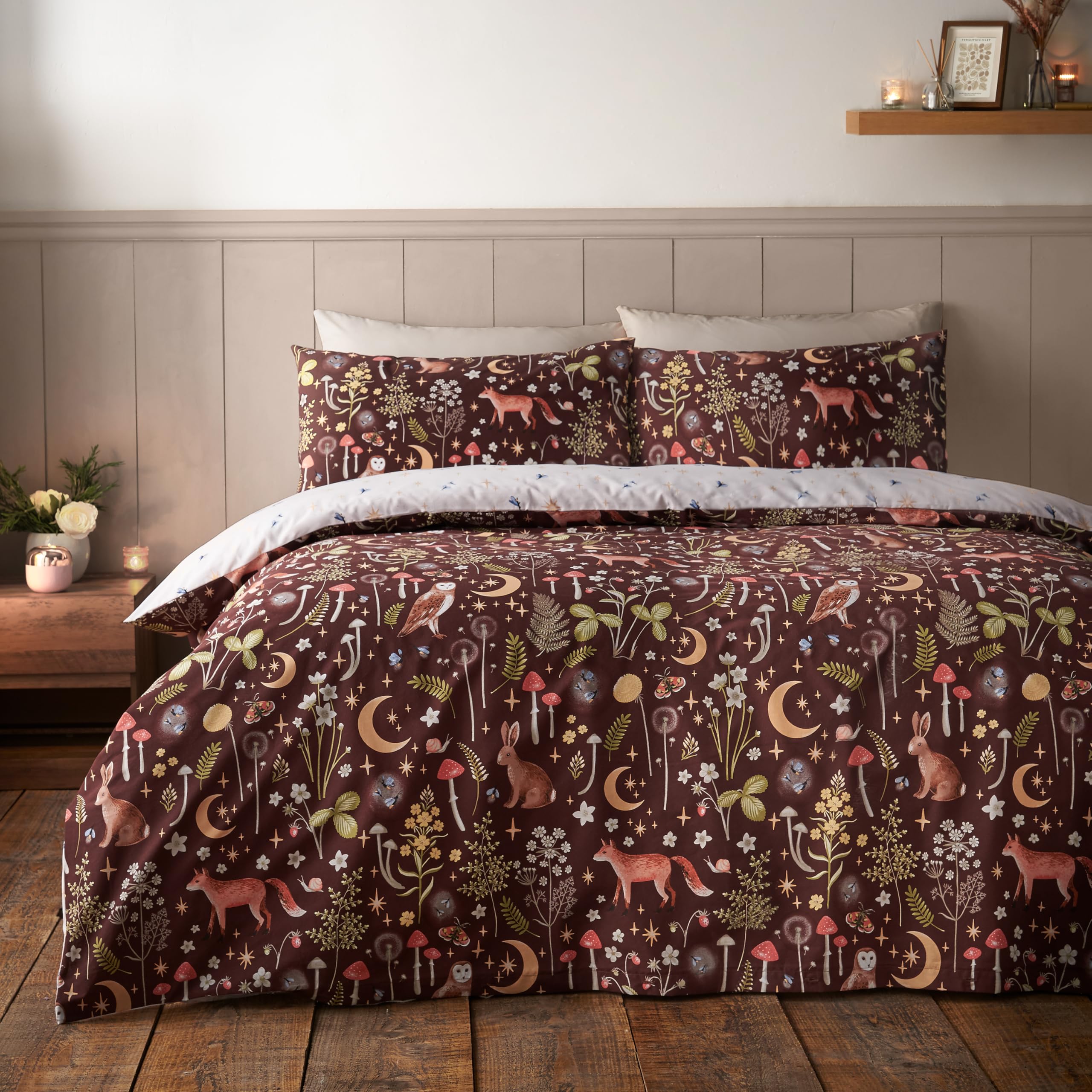 Catherine Lansfield Enchanted Twilight Animals Reversible Double Duvet Cover Set with Pillowcases Chocolate — image 1