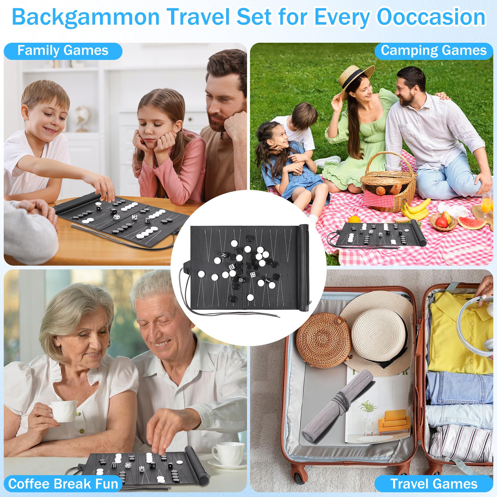 Backgammon Travel Backgammon skórzana gra zwijana, Bagamon dla 2 graczy, gry podróżne dla dorosłych dla obozowiczów W × D: 36 x 25,5 cm