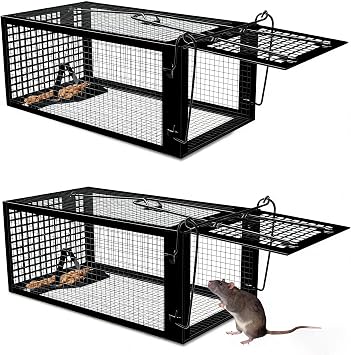 Humane Rat Traps 2-Pack, No Kill Mouse Trap, Live Rat Trap Cage Catch and Release, Chipmunk Trap that Work for Indoor and Outdoor - 10.6" L x 5.5" W x 4.7" H