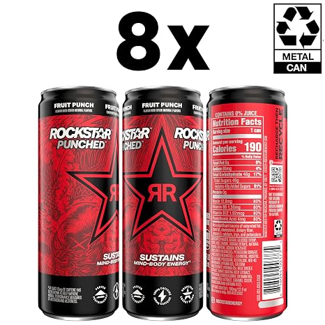 Rockstar Energy Drink,Fruit Punched,12oz Sleek Cans,(Pack of 16)