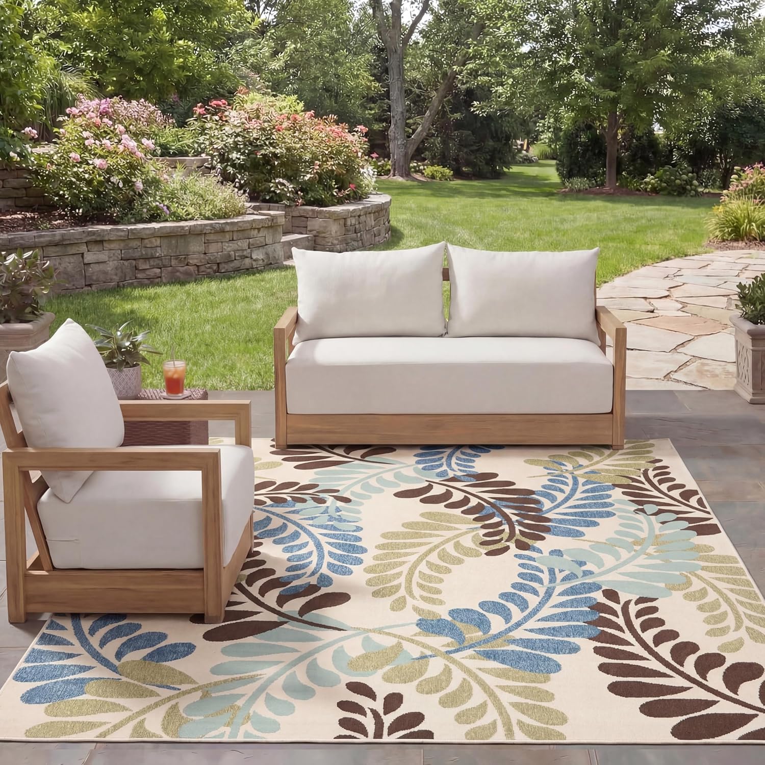 SAFAVIEH Washable Rug Outdoor Veranda Collection - 8' x 10', Cream & Aqua, Non-Shedding & Easy to Clean, Ideal for Patio, Backyard, Mudroom (VER056-0613)