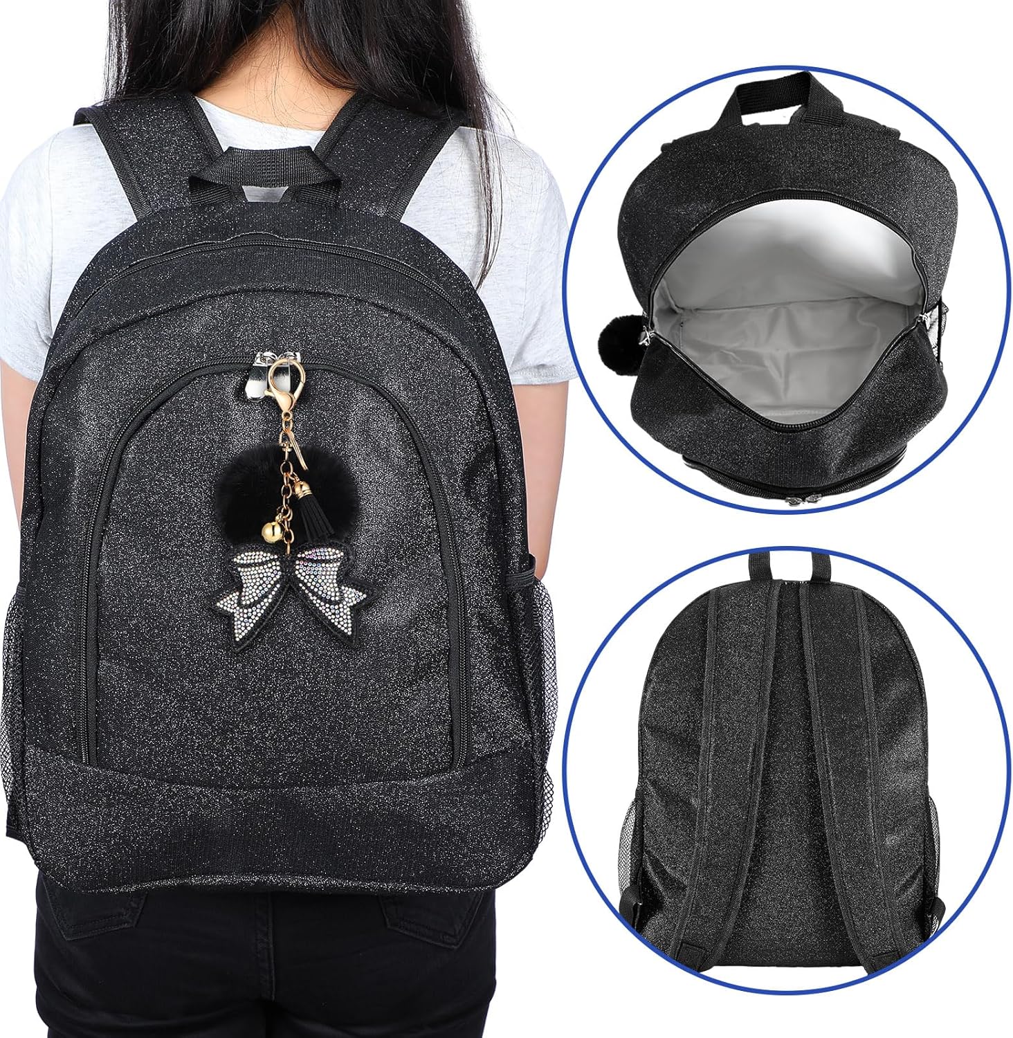 Cheer Backpack with Bow Keychain Cheerleading Glitter/Canvas Backpack Cheerleaders Gift Cheer Bags for Sport(Glitter,Black,Large)