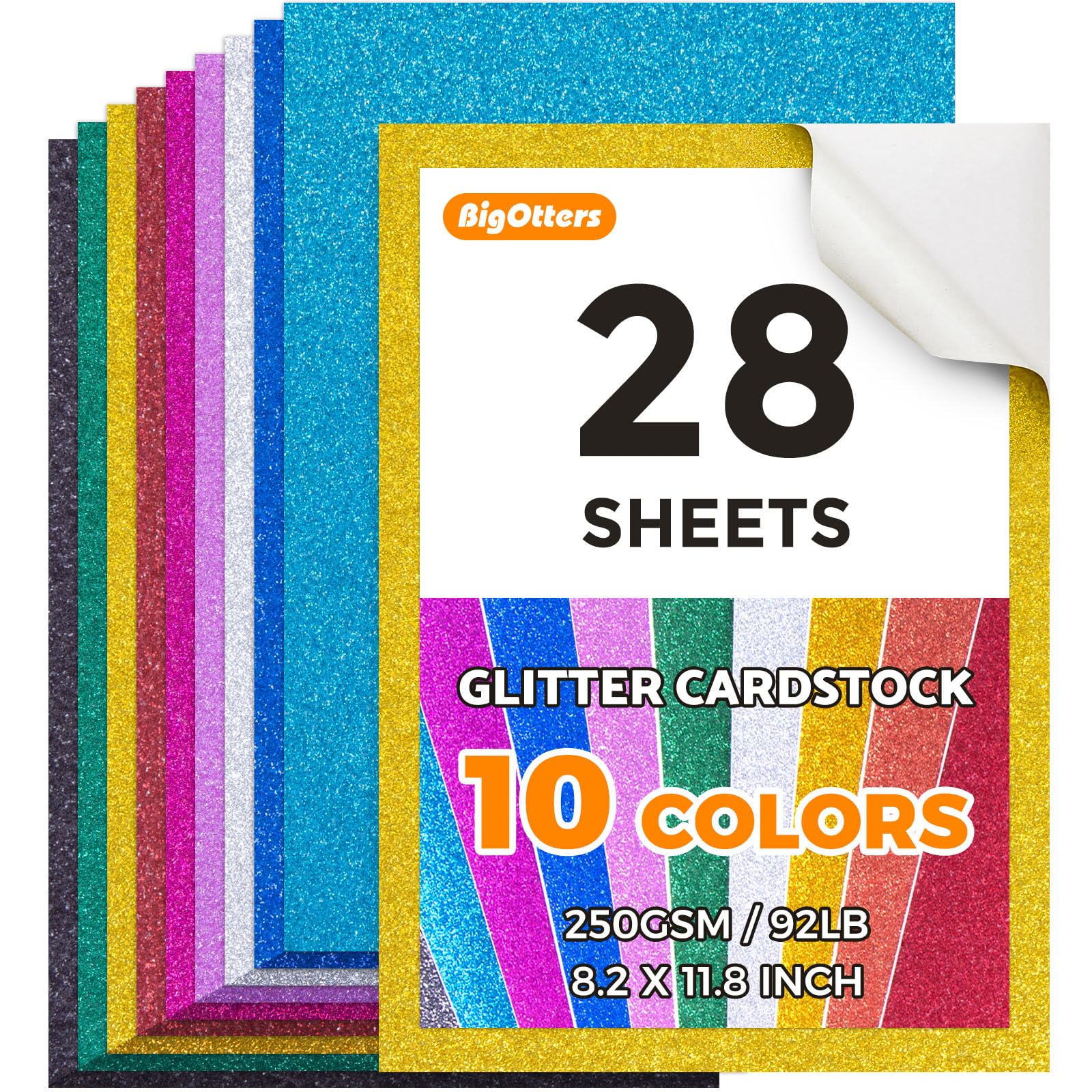 BigOtters 28Sheets Glitter Cardstock, 10 Assorted Colors Sparkly Glitter Paper for Arts and Crafts Card Making, Scrapbook Supplies, DIY Projects, 8.5" X 11"