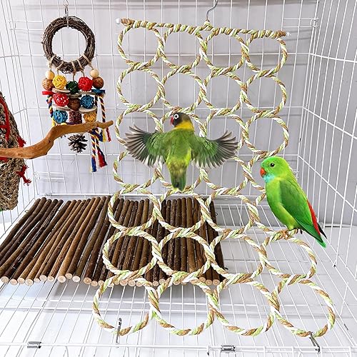 Miniatura 2 de Columpio de cuerda de cáñamo para pájaros, escalera de cuerda de escalada, hamaca para colgar en jaula de periquitos con 2 ganchos, juguetes para