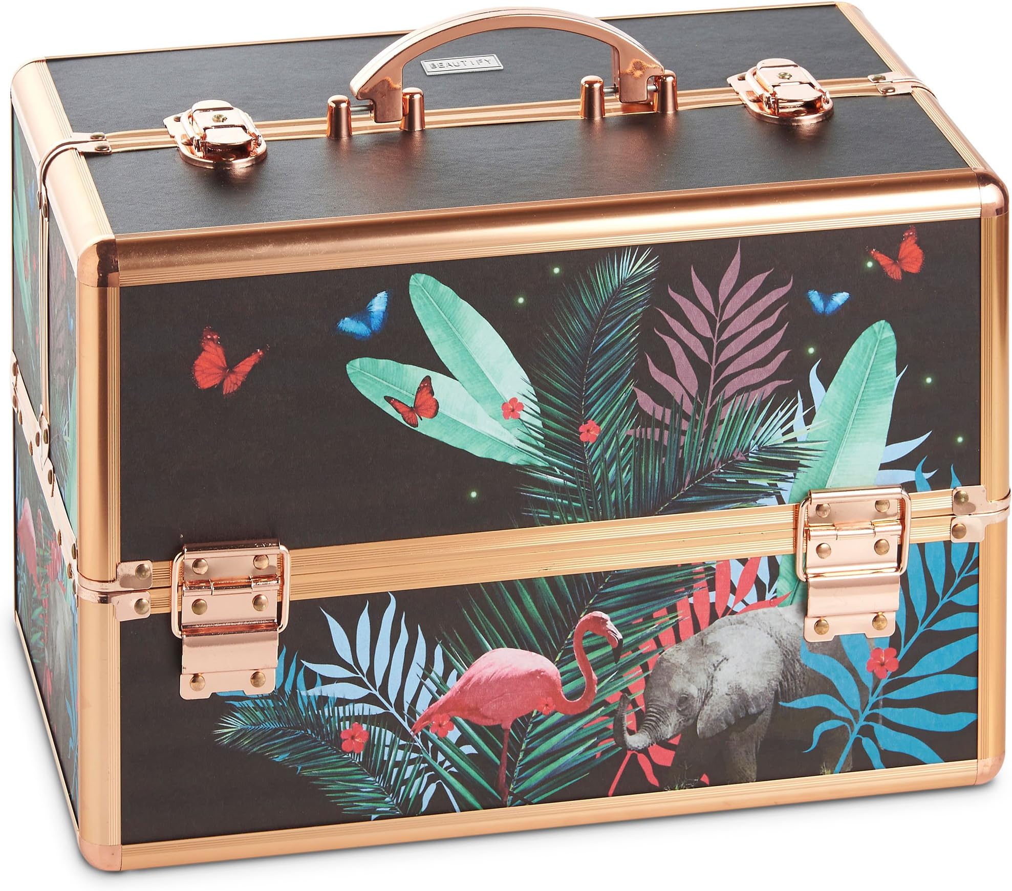 Beautify Make Up Vanity Case, Travel Jungle Print 3 Tier Makeup Box w/Extendable Trays, Spacious Storage & Removable Dividers to Create Compartments, Lockable Makeup Vanity Case for Professionals