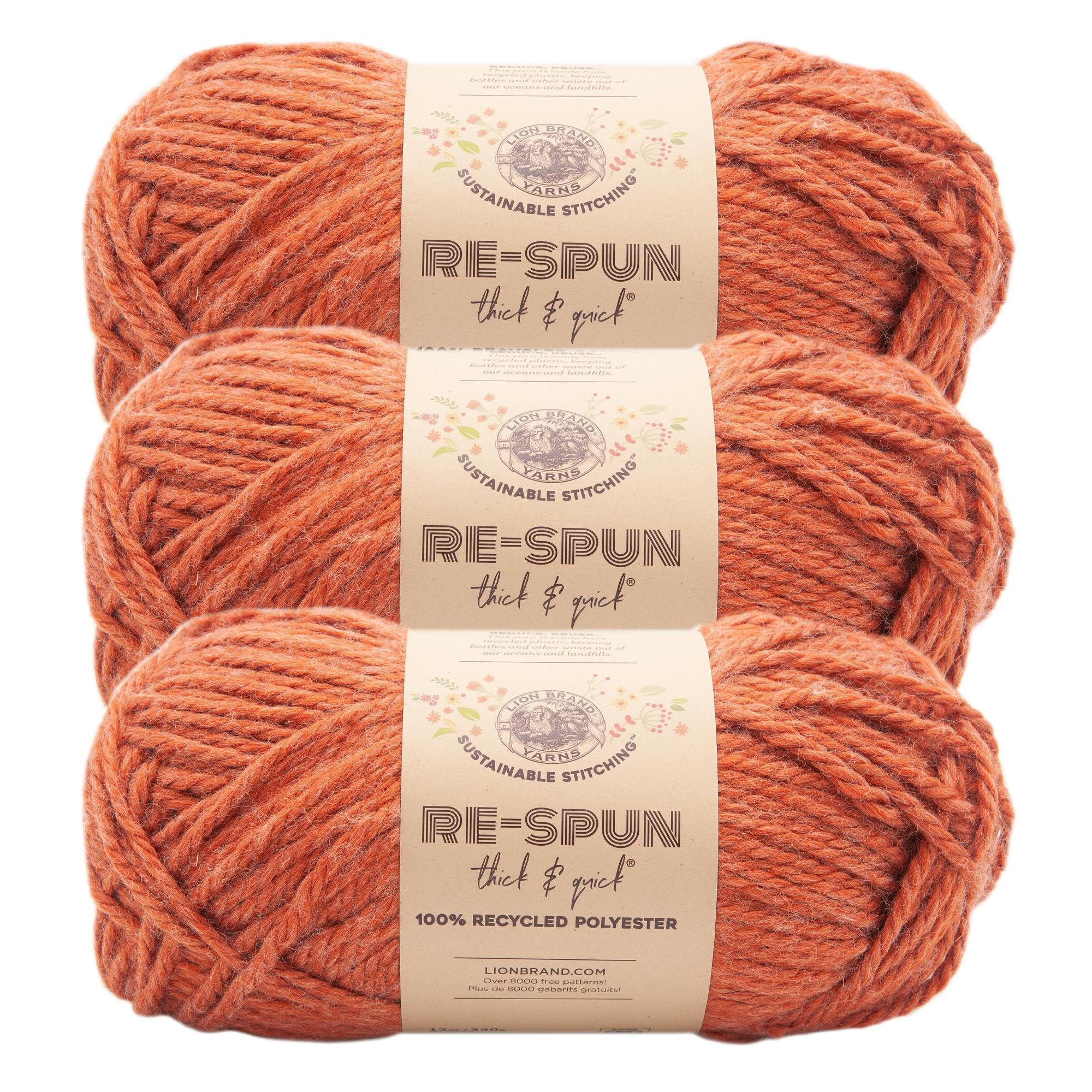 Lion Brand Yarn, Re-Spun Thick & Quick Yarn, Cinnamon Stick, Brown, 3 Pack
