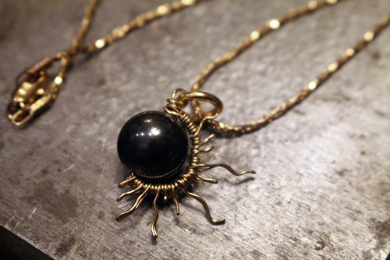Solar Eclipse 2017 Pendant W/Hematite Bead 14K Gold 1/2 Sun Pendant - Image 6