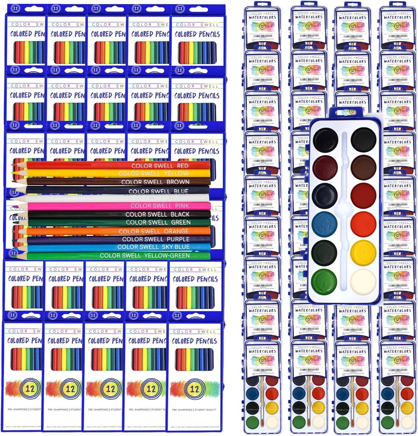 Color Swell Bulk 12 Color Watercolors (36 Packs) and Bulk Colored Pencils (30 Packs, 360 Total)