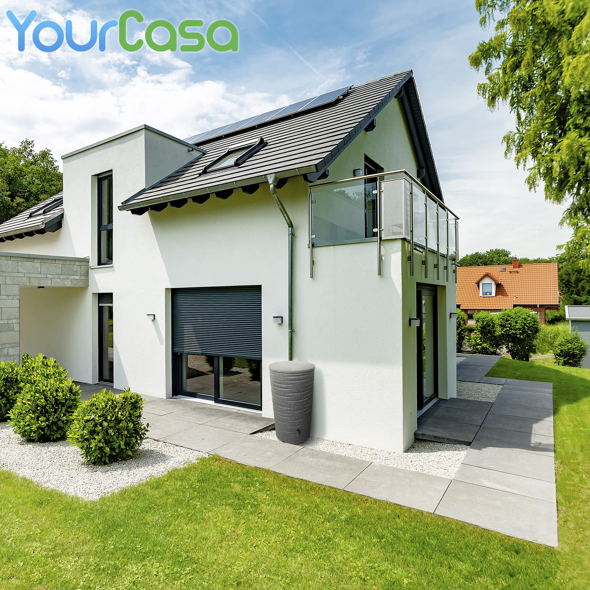 YourCasa Zbiornik na deszczówkę 290 litrów [Premium] z metalowym gwintem i pokrywą – beczka na deszczówkę odporna na mróz z tworzywa sztucznego – zbiornik na wodę deszczową do ogrodu