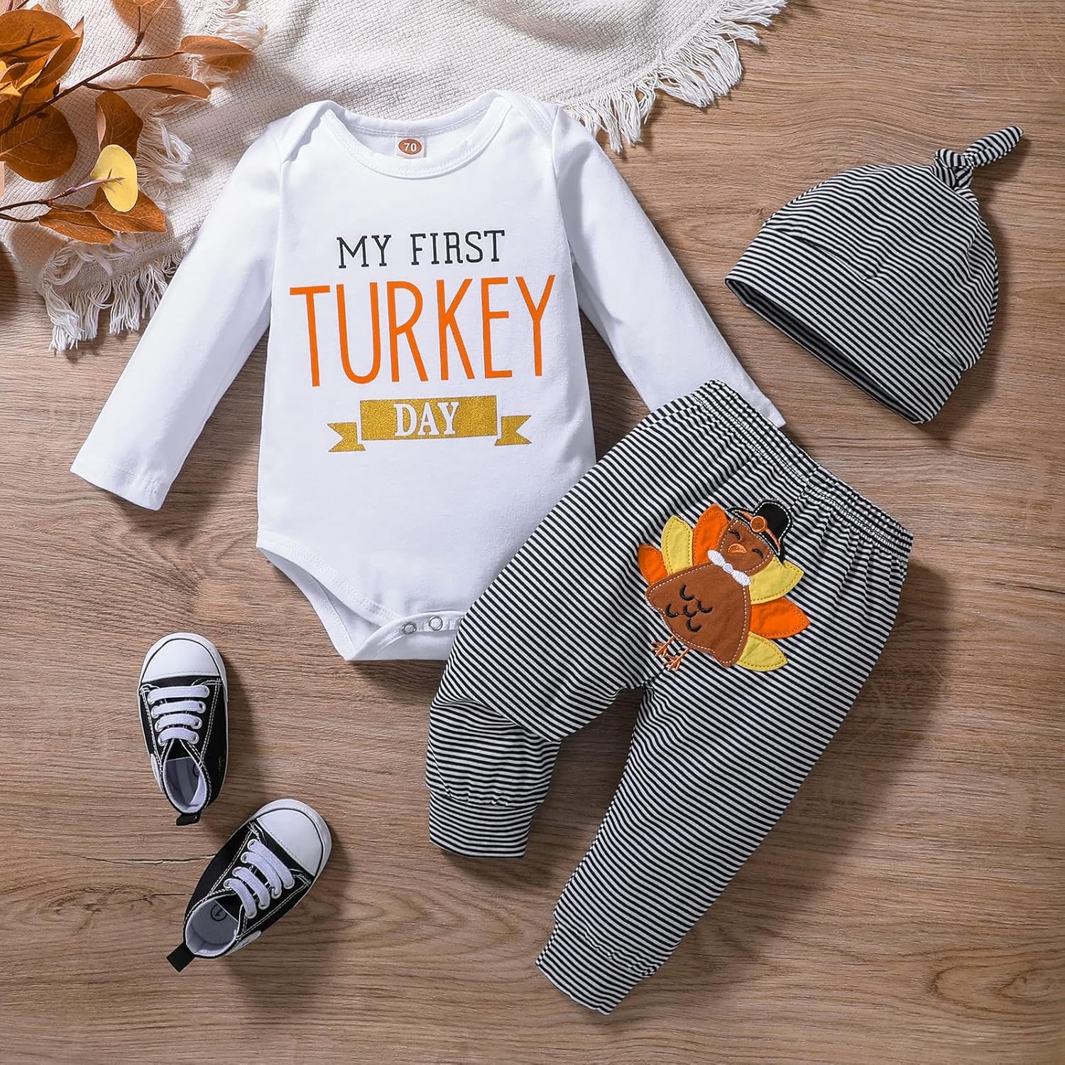 My First Thanksgiving Baby Boy Outfits Thanksgiving Newborn Clothes Infant Turkey Romper Pants Hat 3Pcs 0-18 Months - Image 2