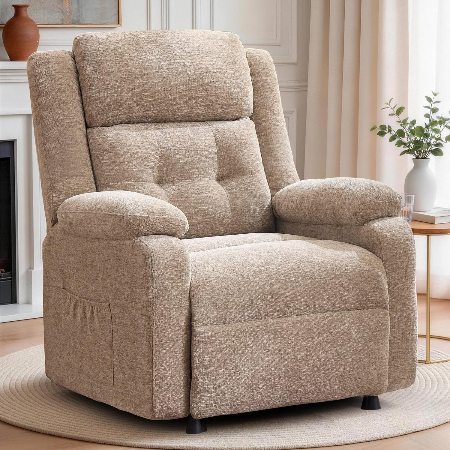 Power Recliner Chair, Living Room Chairs for Adults, Oversized Electric Recliner with Side Pockets, Chenille Fabric Reclining Chair for Living Room, Bedroom