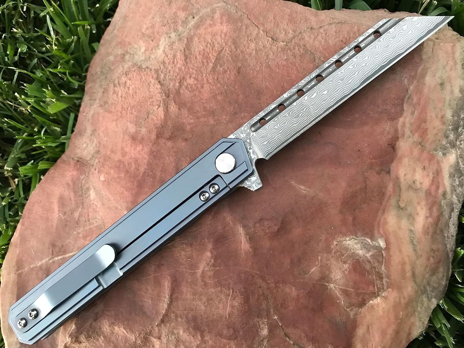 TACTICAL GEARZ Damascus Pocket Knife EDC - Solid Titanium Handle - 67 Layers Damascus Steel Tanto Blade (Onyx XT Blue/Bronze)