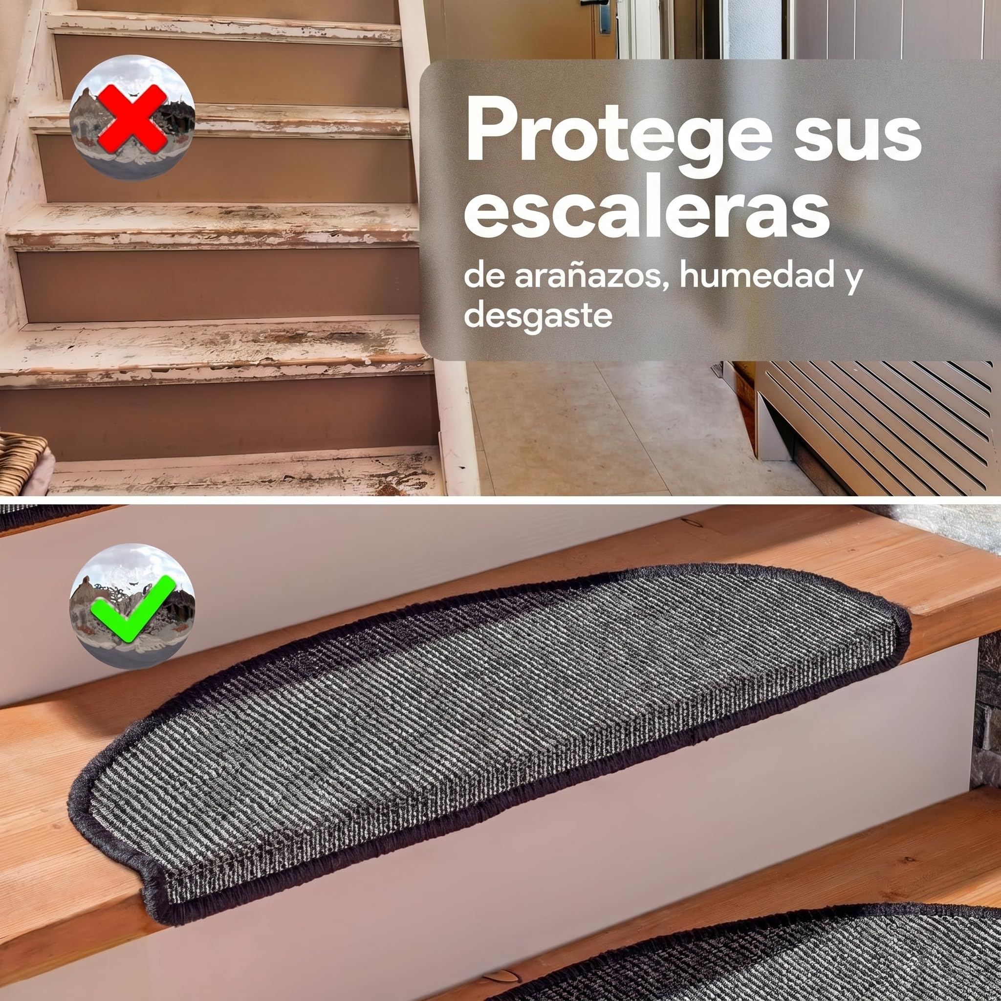 Björn&Schiller Alfombrillas para escaleras, Set de 15 peldaños autoadhesivos, Alfombrillas Antideslizantes para escaleras, moqueta para peldaños, Forma semicircular, Alfombra Escalera, Gris
