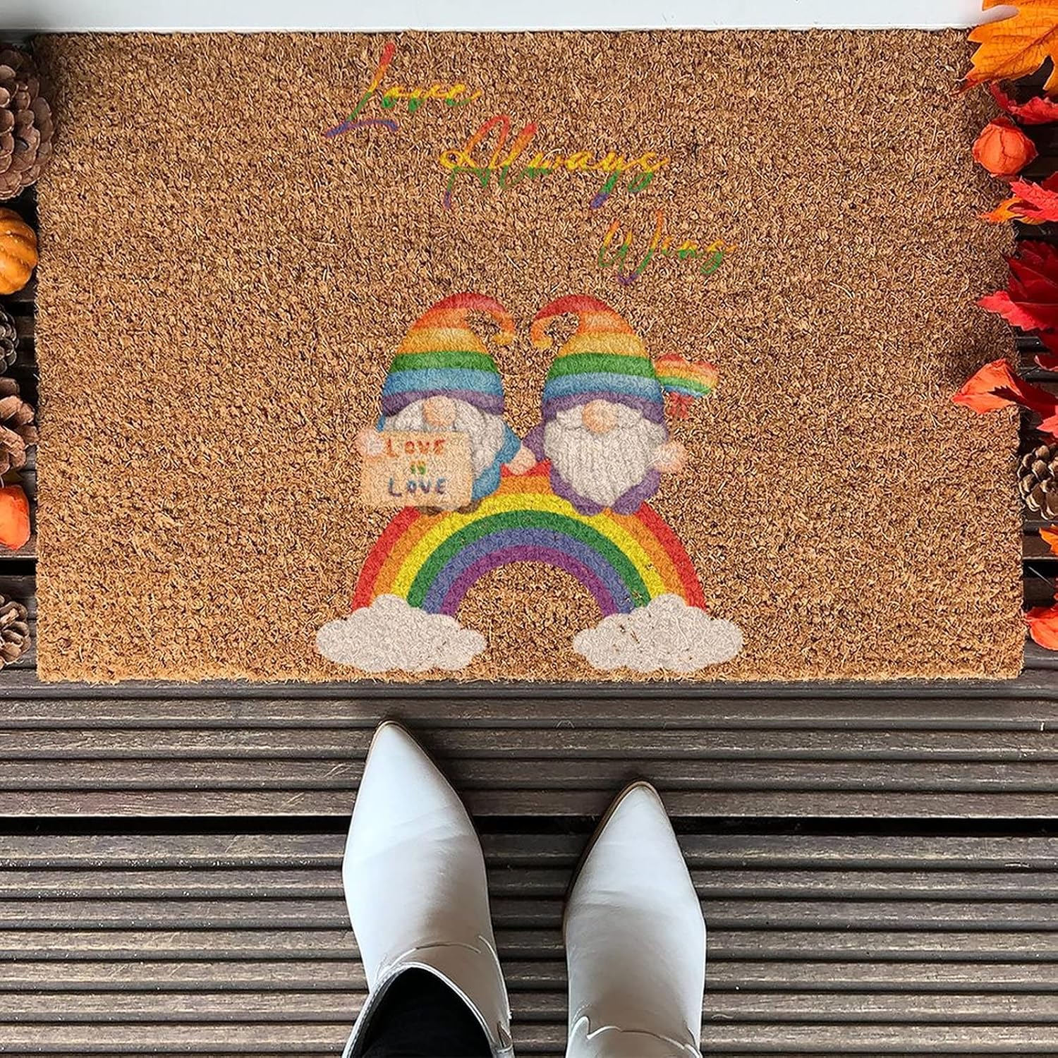 Love Wins Rainbow Gnomes Welcome Coir Doormat Pride Lesbian Gay LGBTQ Indoor/Outdoor Decorative Doormats Rainbow Farmhouse Entrance Rug Mats for Home Office Patio 24x36 inch