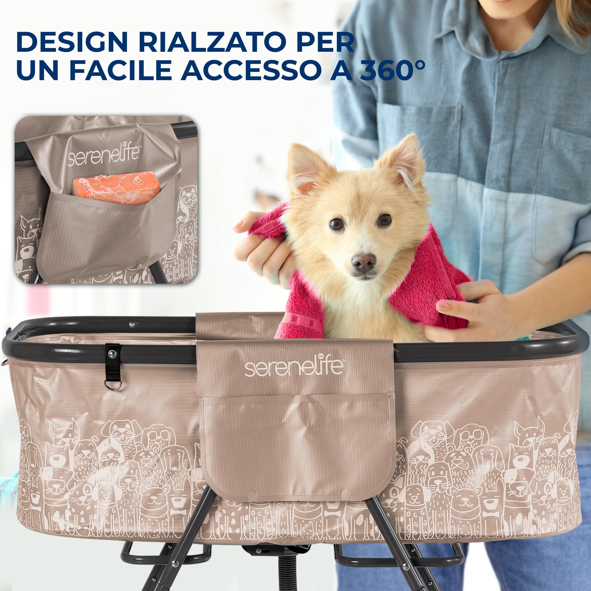 SereneLife Vasca da Bagno Pieghevole per Cani da Interno ed Esterno, Altezza Regolabile 86 cm, Tubo di Scarico e Tasche Portaoggetti, Accessori per Cani, Adatta Anche ad Altri Animali