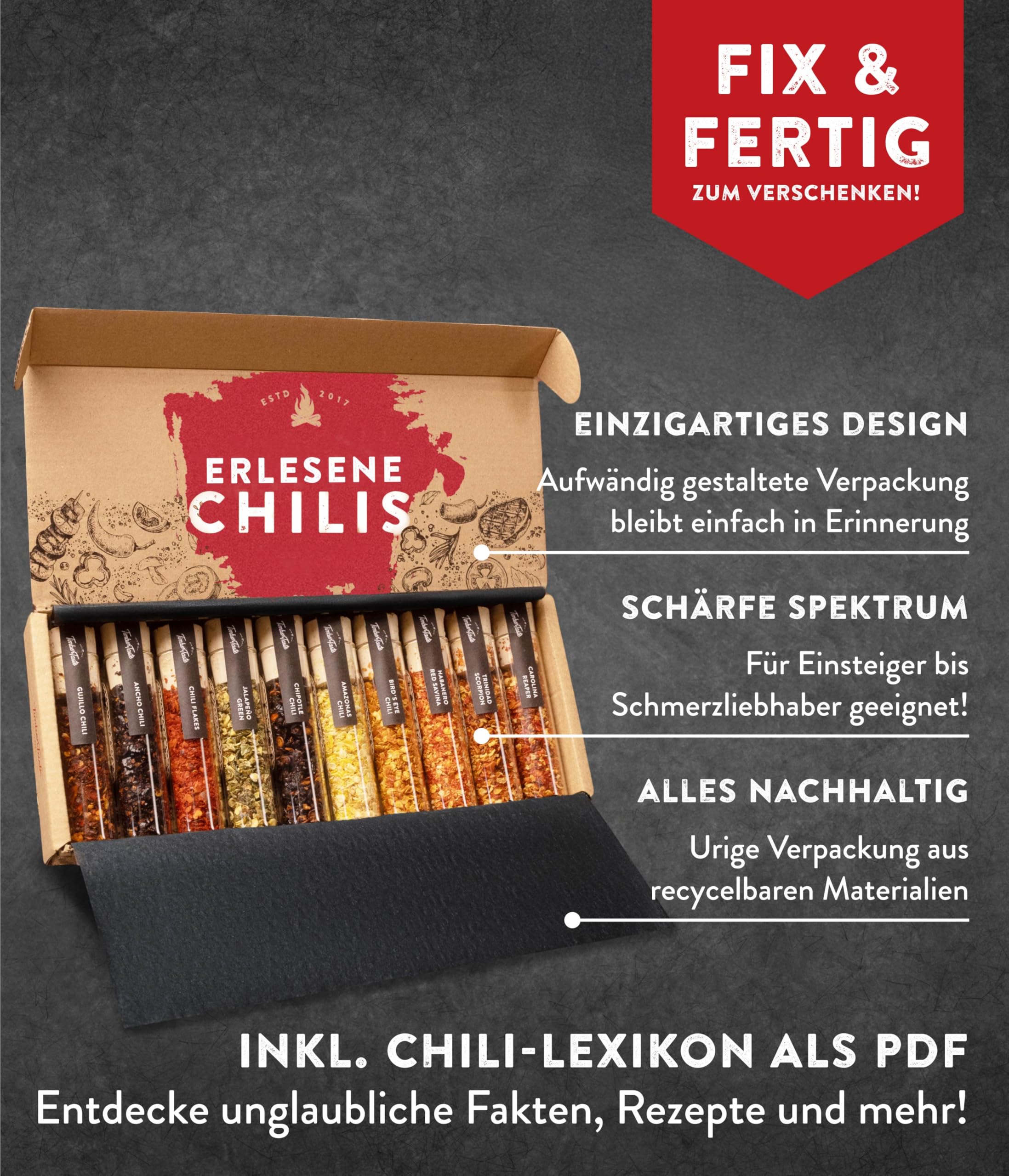 TIMBER TASTE® Chili Geschenkset 10er - Scharfe Gewürze bis 1,2 Mio Scoville Reaper Trinidad Scorpion Habanero Ghost Pepper