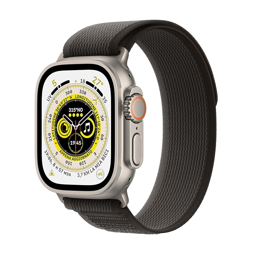 Immagine del prodotto Apple Watch Ultra (GPS + Cellular, Cassa 49mm) Smartwatch con robusta cassa in titanio e Trail Loop nero/grigio - S/M. Fitness tracker, GPS di precisione, tasto Azione, batteria a lunghissima durata