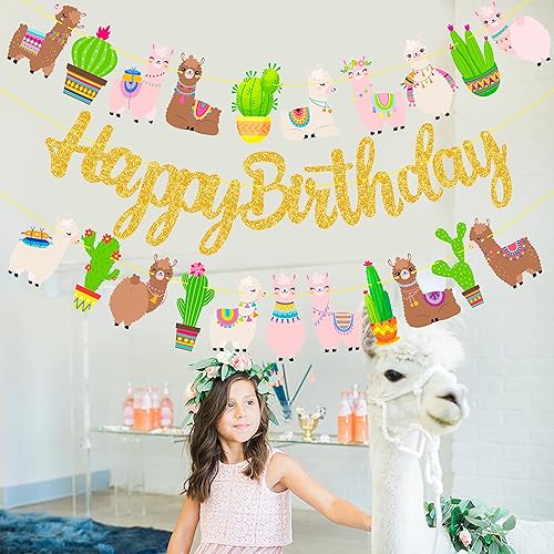 Miniatura 6 de Cartel de fiesta de cactus de llama, pancarta dorada para fiesta de cumpleaños, 3 unidades, decoraciones de cartón de alpaca para fiesta de