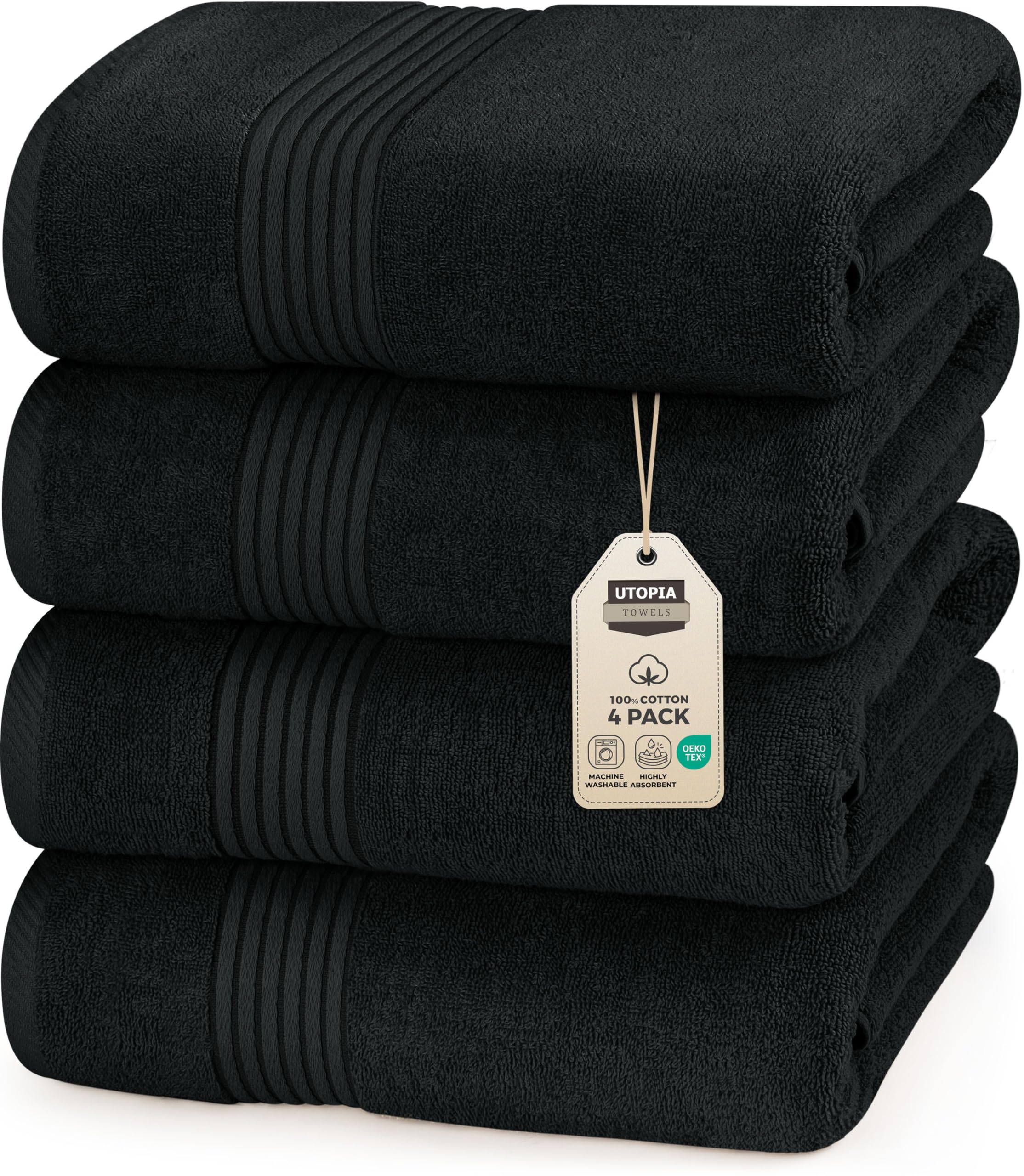 Utopia Towels 4 Pack Bath Towels Set, 27 by 54 Inches, 100% Ring Spun Cotton, Quick Dry, Highly Absorbent, Soft Feel Towels, Perfect for Daily Use, Black