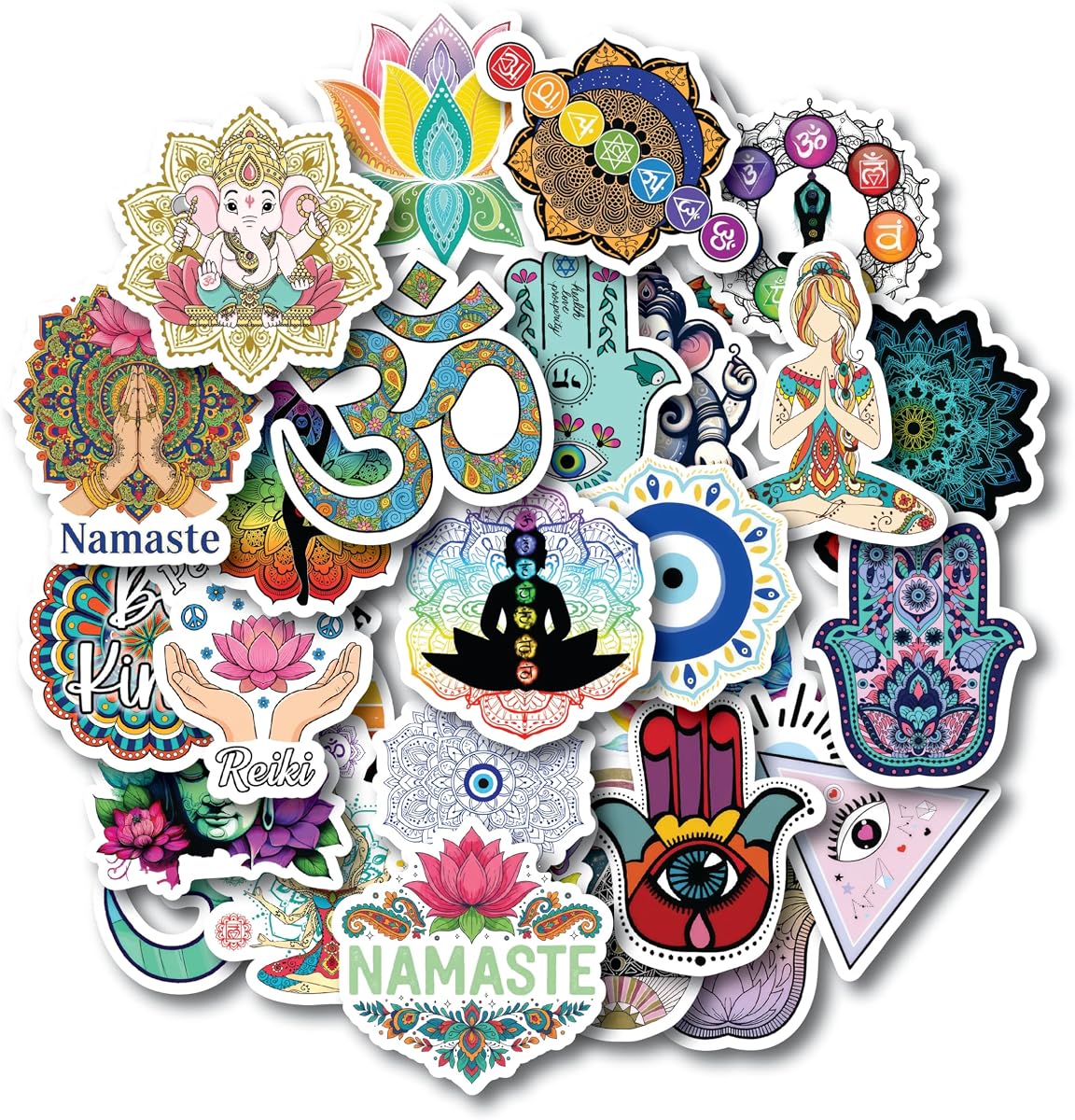 30PCS Buddha Mandala Stickers Pack – Spiritual Boho Yoga Vinyl Stickers for Laptop, Water Bottle, Journal – Chakra, Hamsa, Om, Zen Meditation Aesthetic
