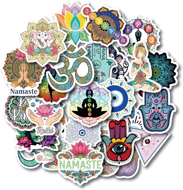 Paquete de 30 PIEZAS de pegatinas de mandala de Buda – Pegatinas de vinilo de yoga espiritual boho para computadora portátil, botella de agua, diario – Chakra, Hamsa, Om, estética de meditación Zen