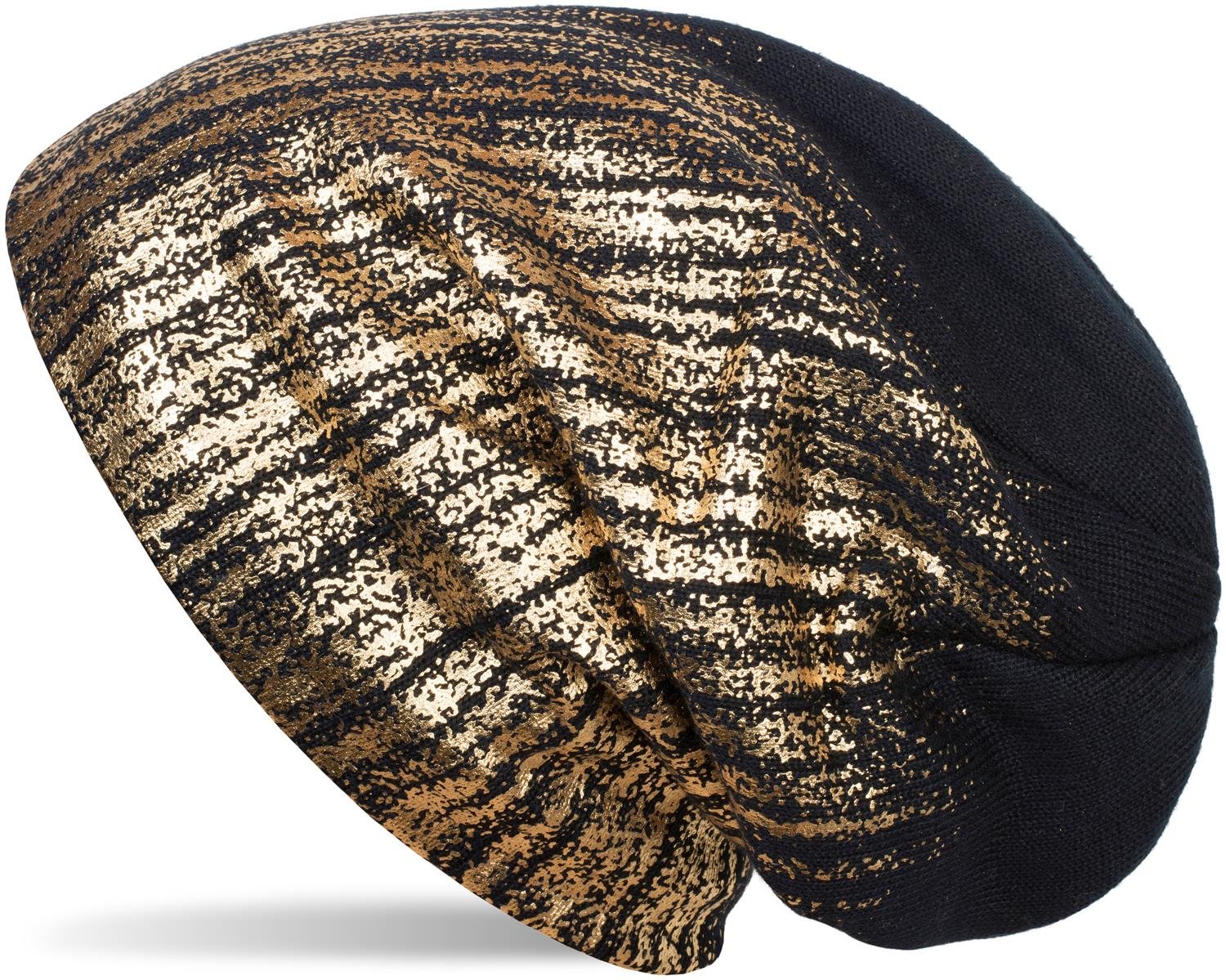 Stylebreaker Women's Dark Blue / Gold Warm Fine-Knit Beanie With Metallic Print And Fleece Lining, Slouch Long Beanie, Unisex 04024132, Colour:dark Blue/Gold