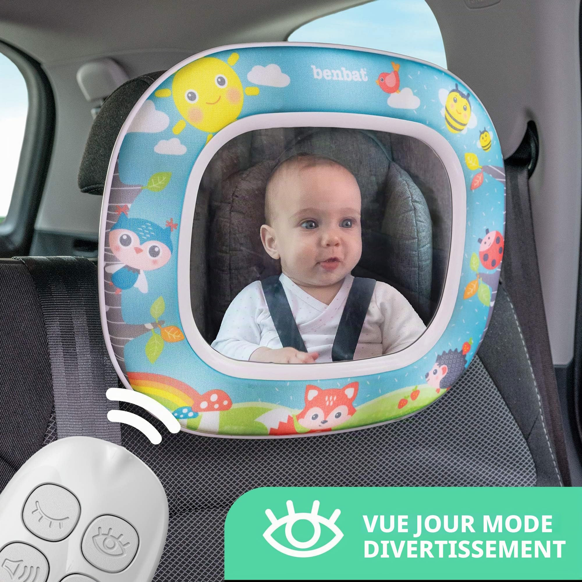 Benbat Miroir de voiture pour bébé – Miroir de sécurité pour siège auto pour bébé face à l'arrière – Incassable, clair, large vision de jour et de nuit – Divertissez voir et tétine avec télécommande