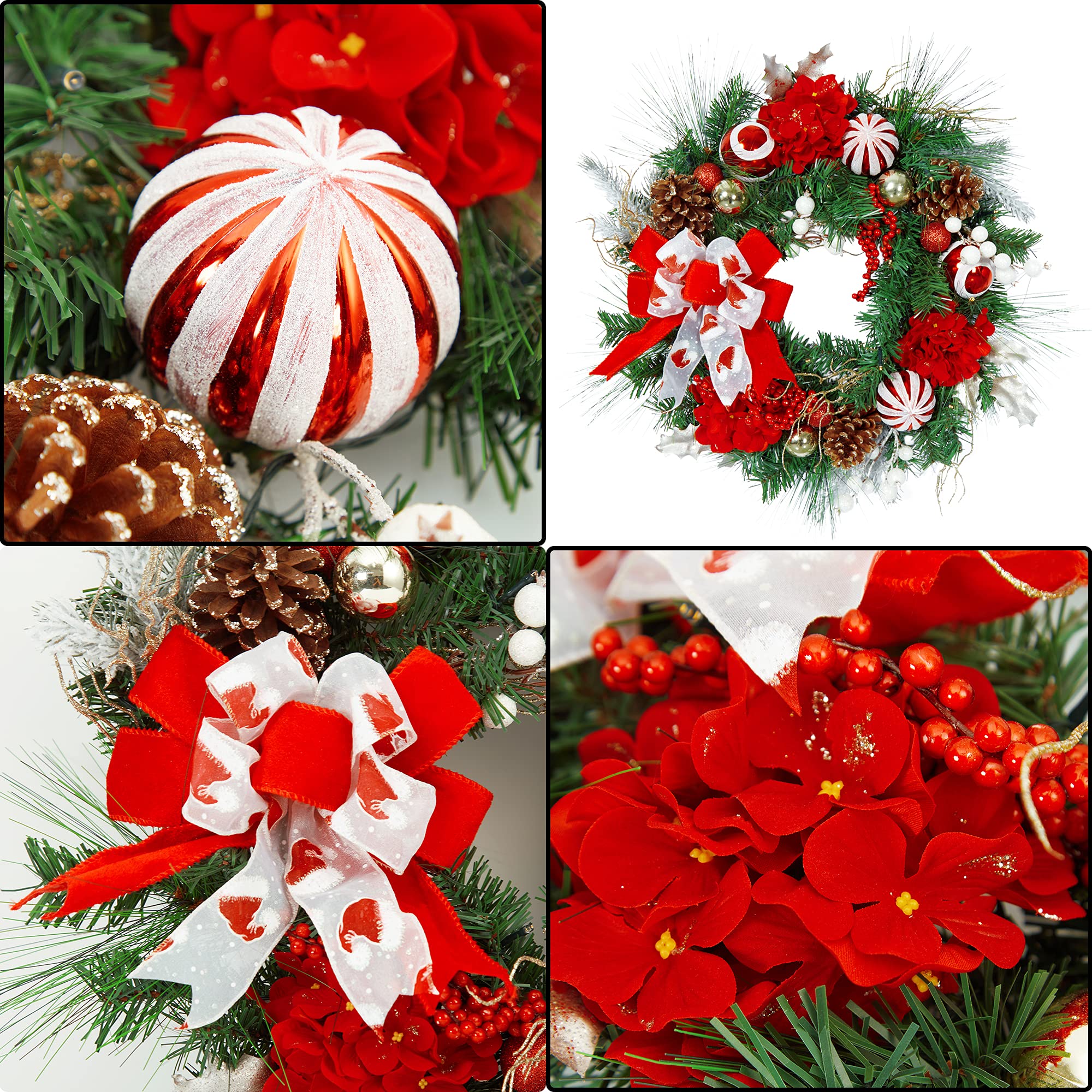 Ghirlanda natalizia artificiale pre-illuminata da 61 cm, per porta d'ingresso, decorata con grande fiocco rosso bianco e palline di Natale, 20 luci a LED per interni ed esterni decorazioni natalizie