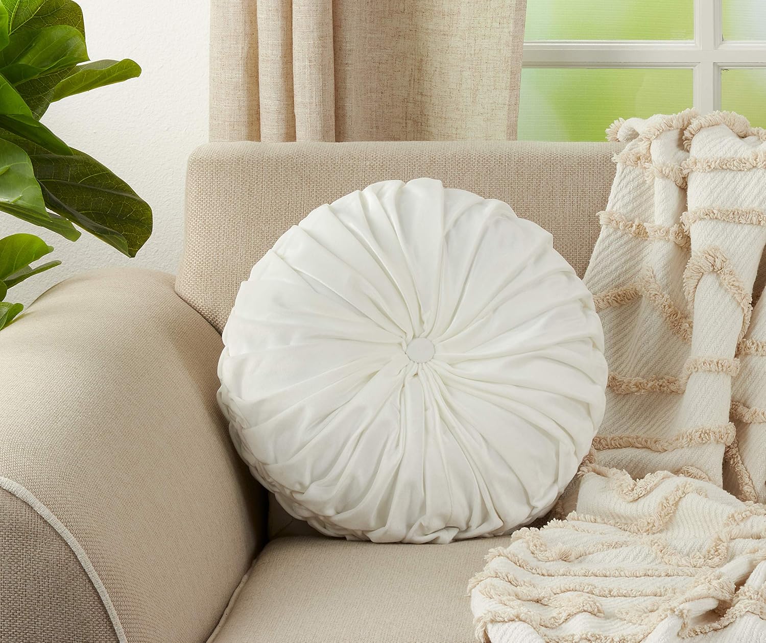 SARO LIFESTYLE Round Velvet Pintucked Poly Filled Throw Pillow