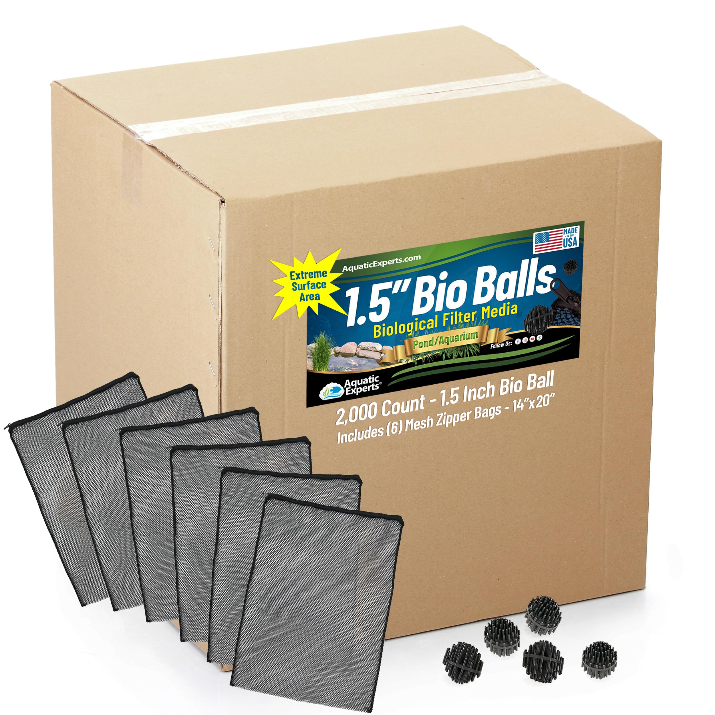 Aquatic Experts 1.5" Large Bio Balls for Ponds – Biological Filter Media for Waterfalls &amp; Outdoor Pond Filters, Treats Up to 6,600 Gallons (2000 Count Bulk Box + Six 14" x 20" Mesh Bags)
