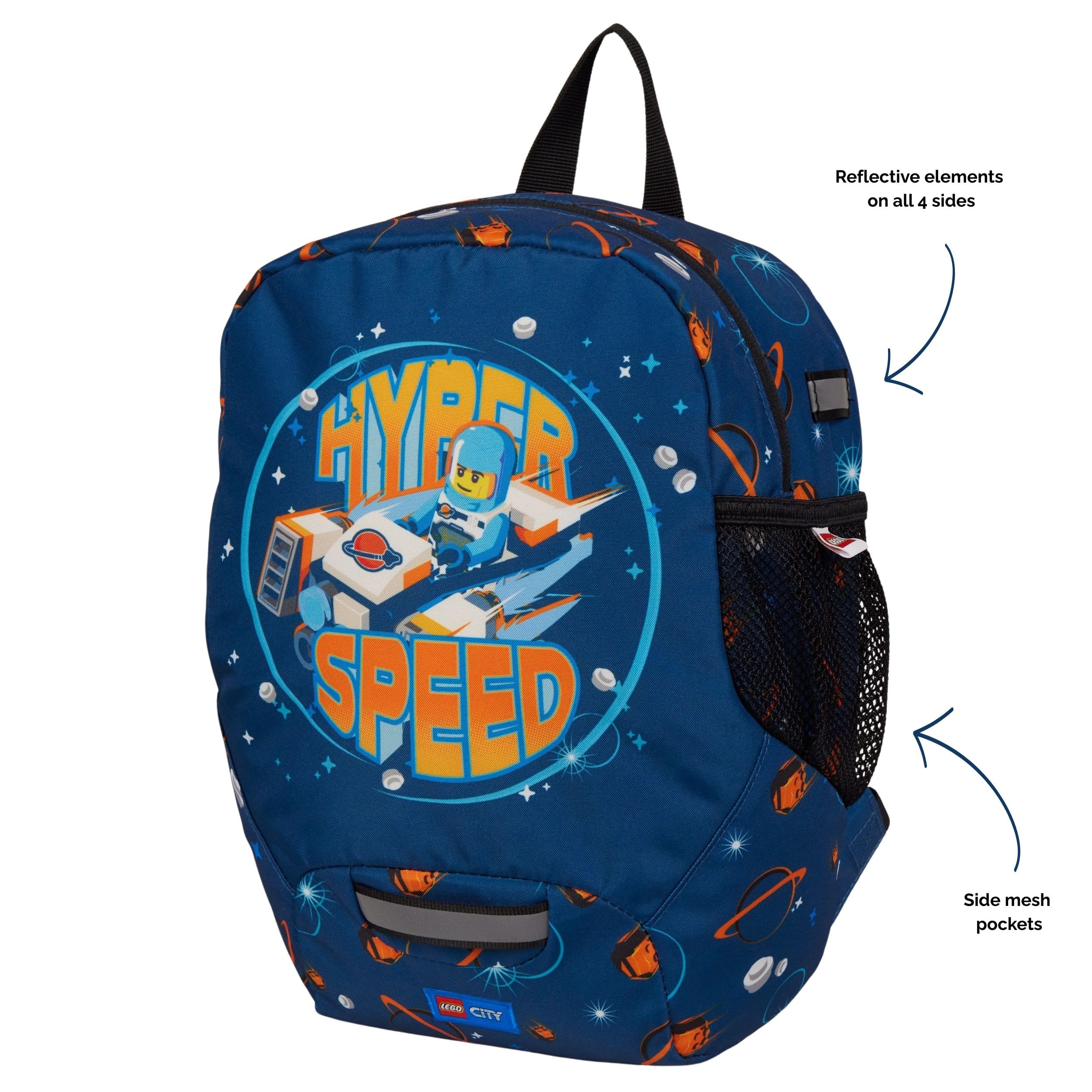 SKANDO BAGS Mochila de guardería LEGO, City, Hyperspace: bolsillo ligero con correas ajustables, etiqueta para nombre, bolsillo lateral de malla y reflectores en todos los lados.