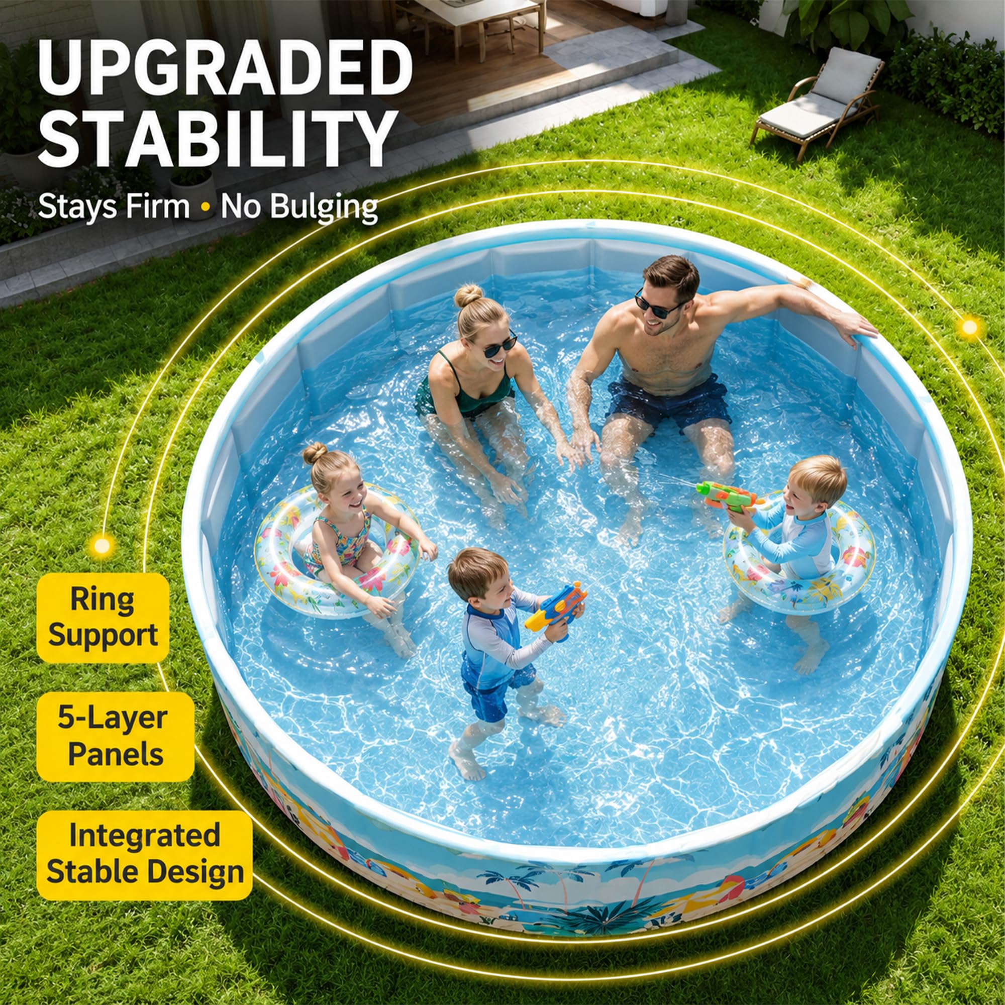 Rund aufklappbarer Faltpool Nicht aufblasbar, Hartplastik Familienpool | Rutschfestes Schwimmbecken mit Schnellablass, platzsparend faltbar für Garten Terrasse Balkon Kinder Erwachsene(120cm/47.2in)