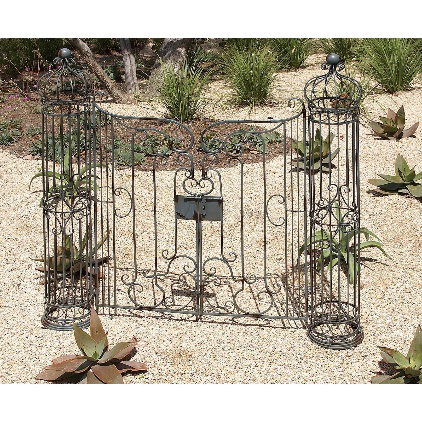 Deco 79 63270 Large Traditional Gray Metal Garden Gate w/Latch & Ornate Scrollwork, 62” x 67”