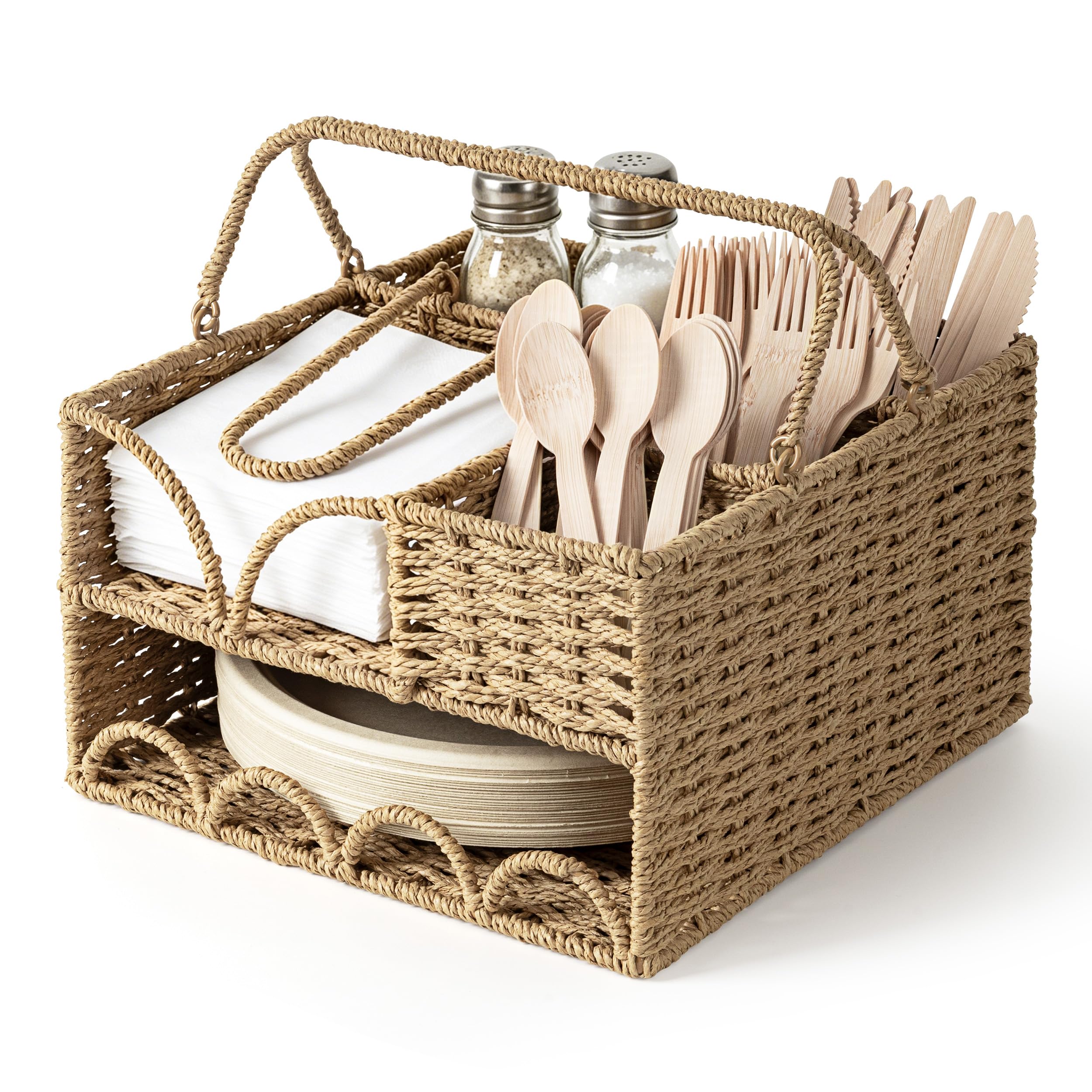 AELS Woven Rattan Utensil Caddy with Handle, Silverware Holder for Napkins, Cutlery, Condiments & Picnic Supplies, Multipurpose Flatware Organizer for Kitchen, Dining, Buffet, BBQ & Party