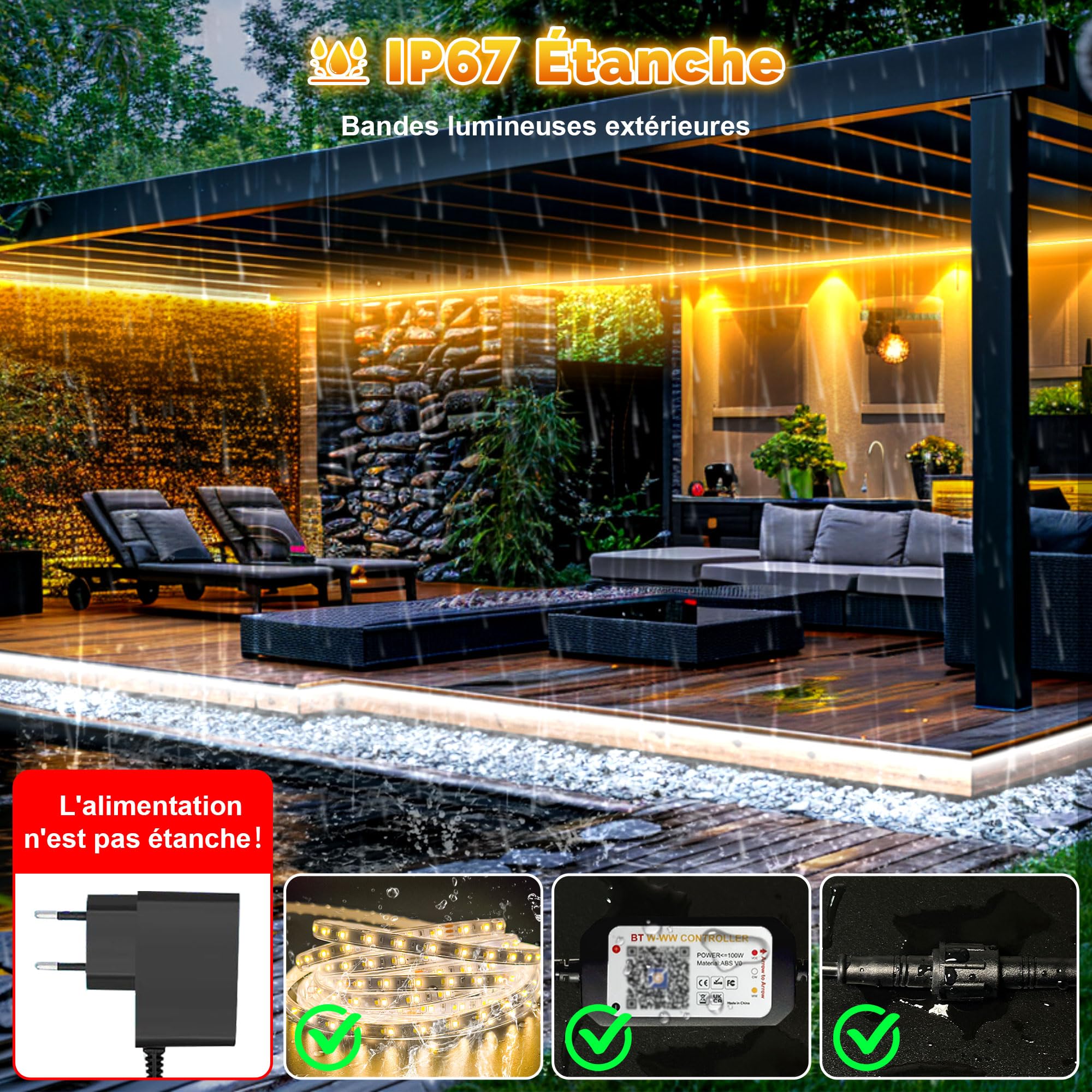 Ruban LED Exterieur Etanche IP67 24V Dimmable avec APP Blanc à Blanc Chaud Bande Lumineuse LED Autocollante Recoupable pour Terrasse