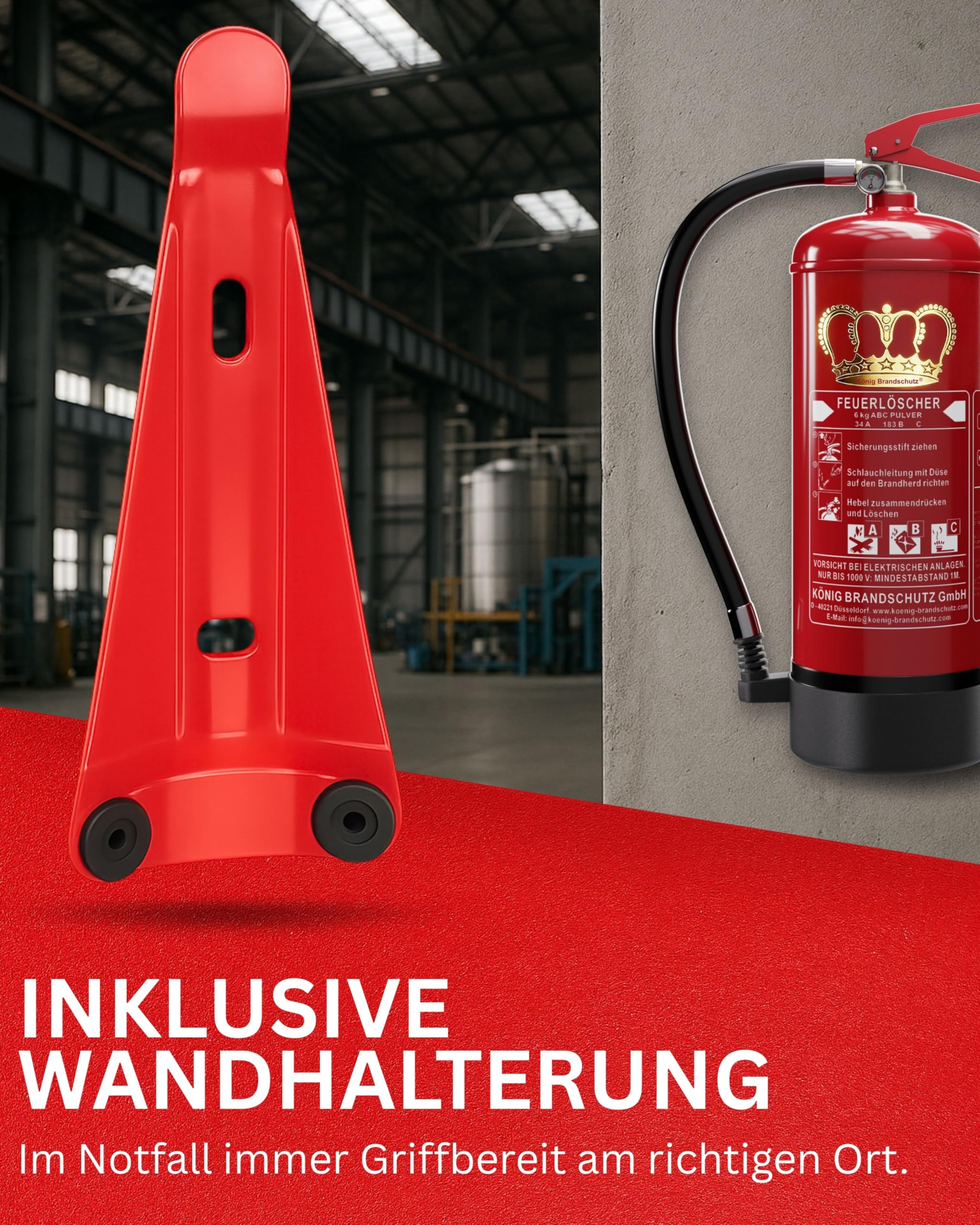 KÖNIG BRANDSCHUTZ- König Feuerlöscher Pulver | 6 kg | Geeignet für die Brandklassen - ABC | nach DIN EN3 | Dauerdruck 10 LE | Vielseitig einsetzbar | Inkl. Wandhalterung mit Manometer