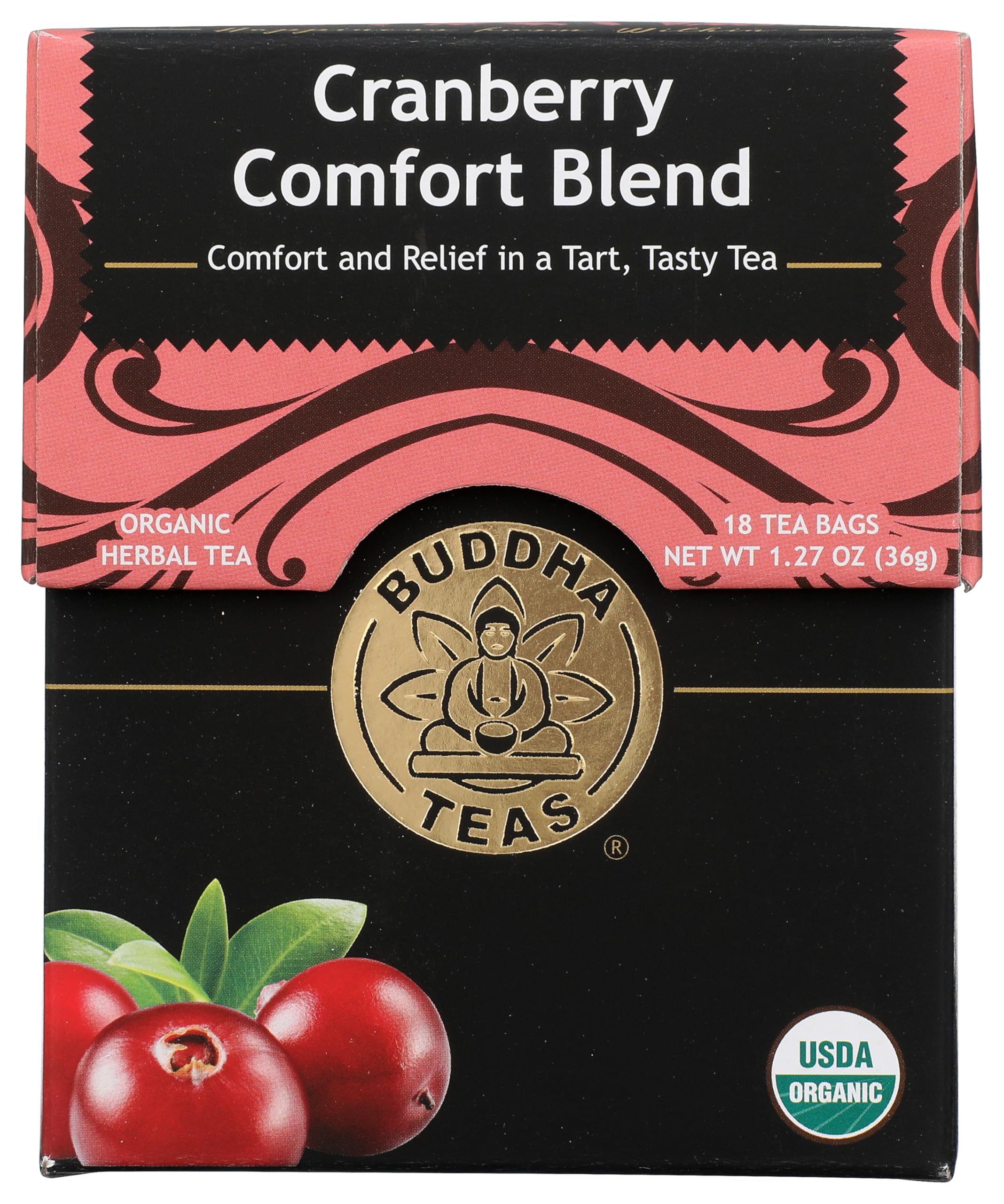 Buddha Teas - Organic Cranberry Comfort Blend - Herbal Tea - For Health & Wellbeing - With Antioxidants & Minerals - Clean Ingredients - Caffeine Free - OU Kosher & Non-GMO - 18 Tea Bags (Pack of 1)
